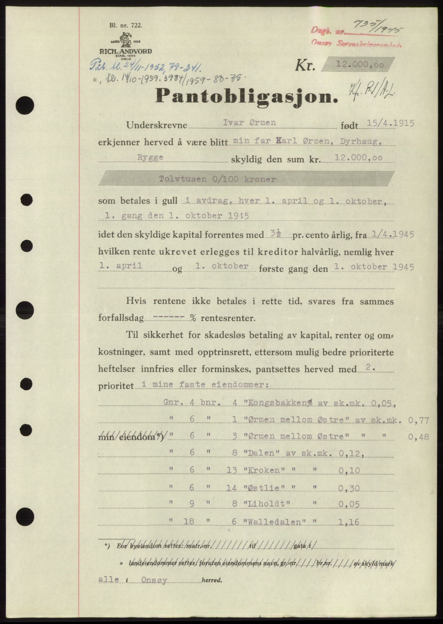 Onsøy sorenskriveri, SAO/A-10474/G/Ga/Gac/L0004: Pantebok nr. B4, 1944-1946, Dagboknr: 735/1945