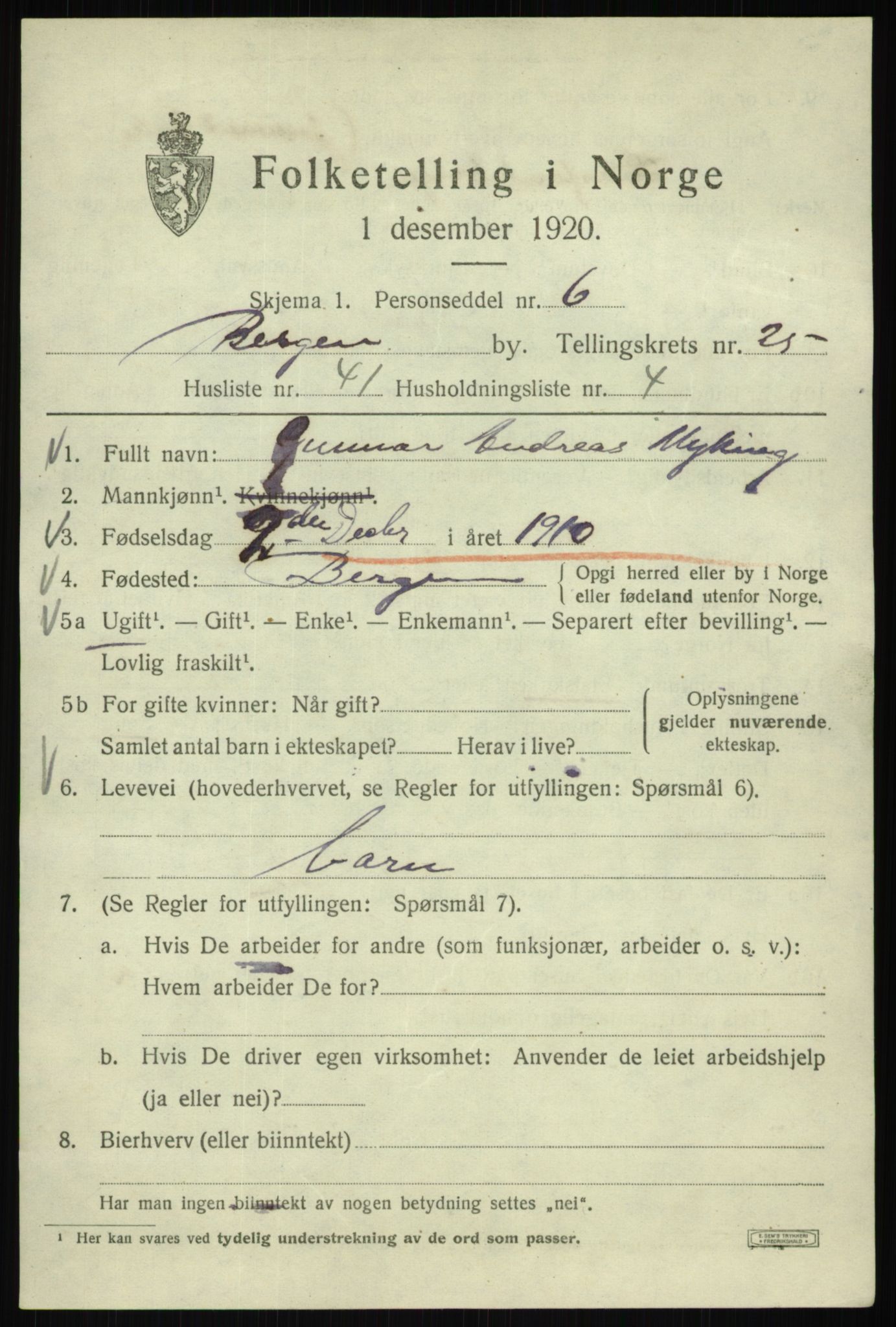 SAB, Folketelling 1920 for 1301 Bergen kjøpstad, 1920, s. 89853