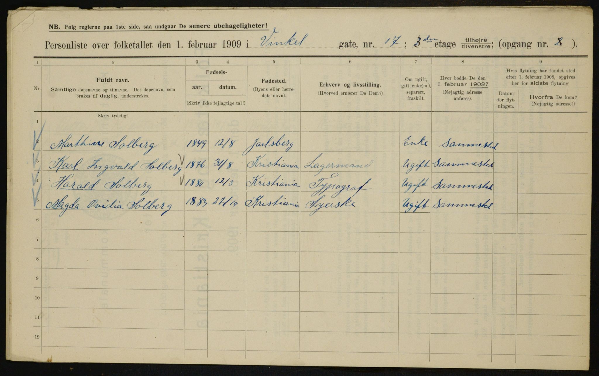 OBA, Kommunal folketelling 1.2.1909 for Kristiania kjøpstad, 1909, s. 112587