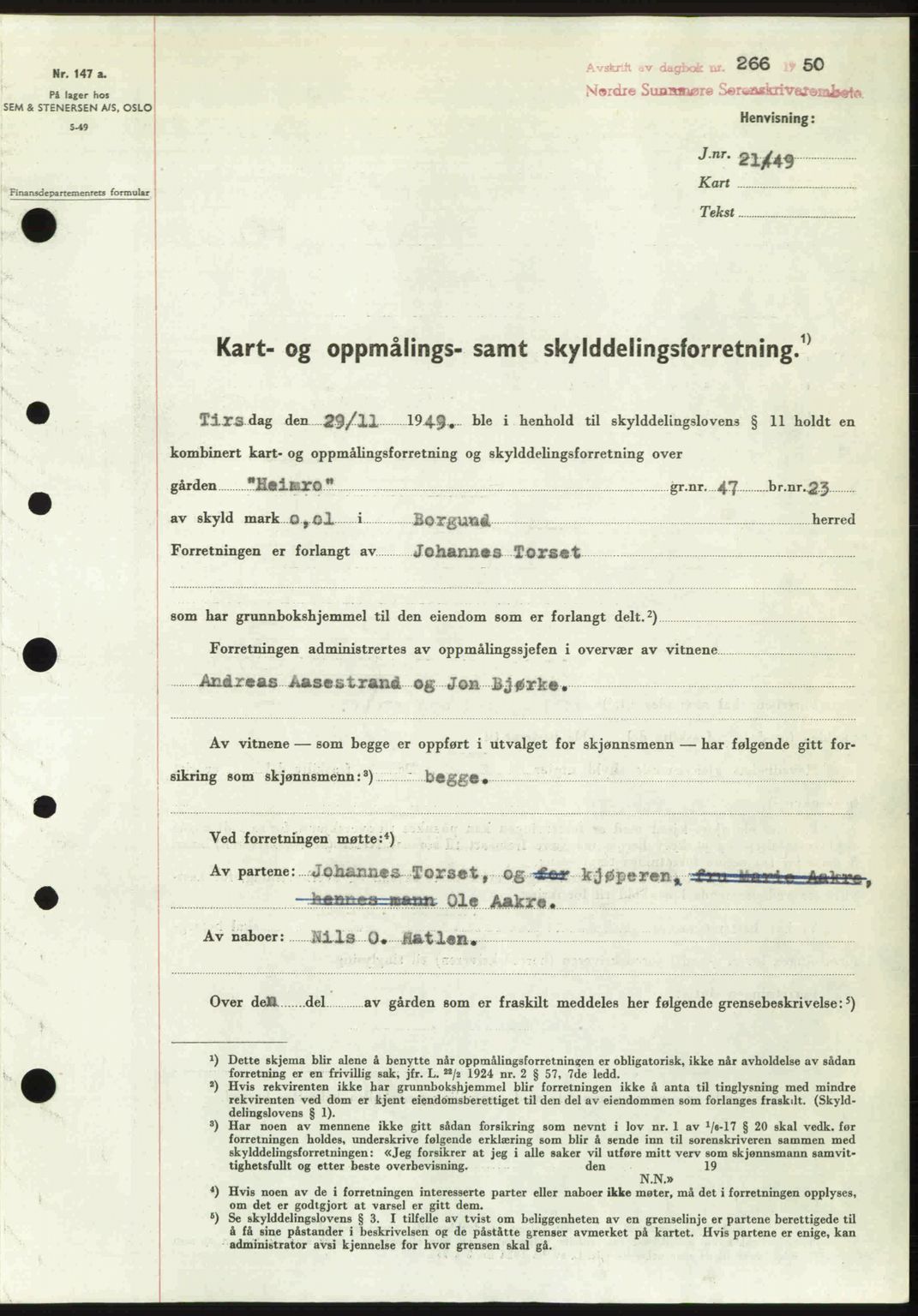 Nordre Sunnmøre sorenskriveri, SAT/A-0006/1/2/2C/2Ca: Pantebok nr. A33, 1949-1950, Dagboknr: 266/1950