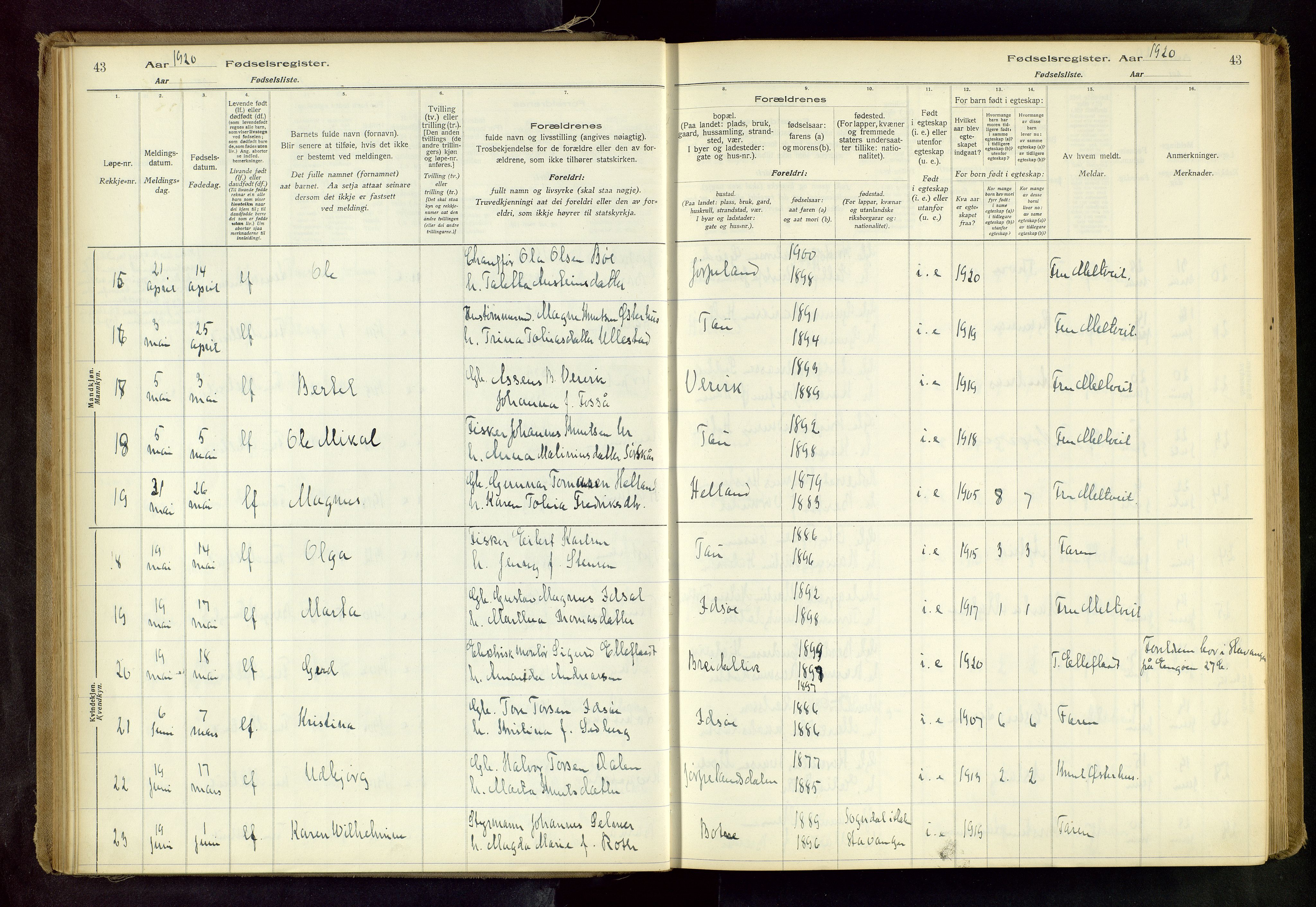 Strand sokneprestkontor, AV/SAST-A-101828/I/Id/L0001: Fødselsregister nr. 1, 1916-1938, s. 43
