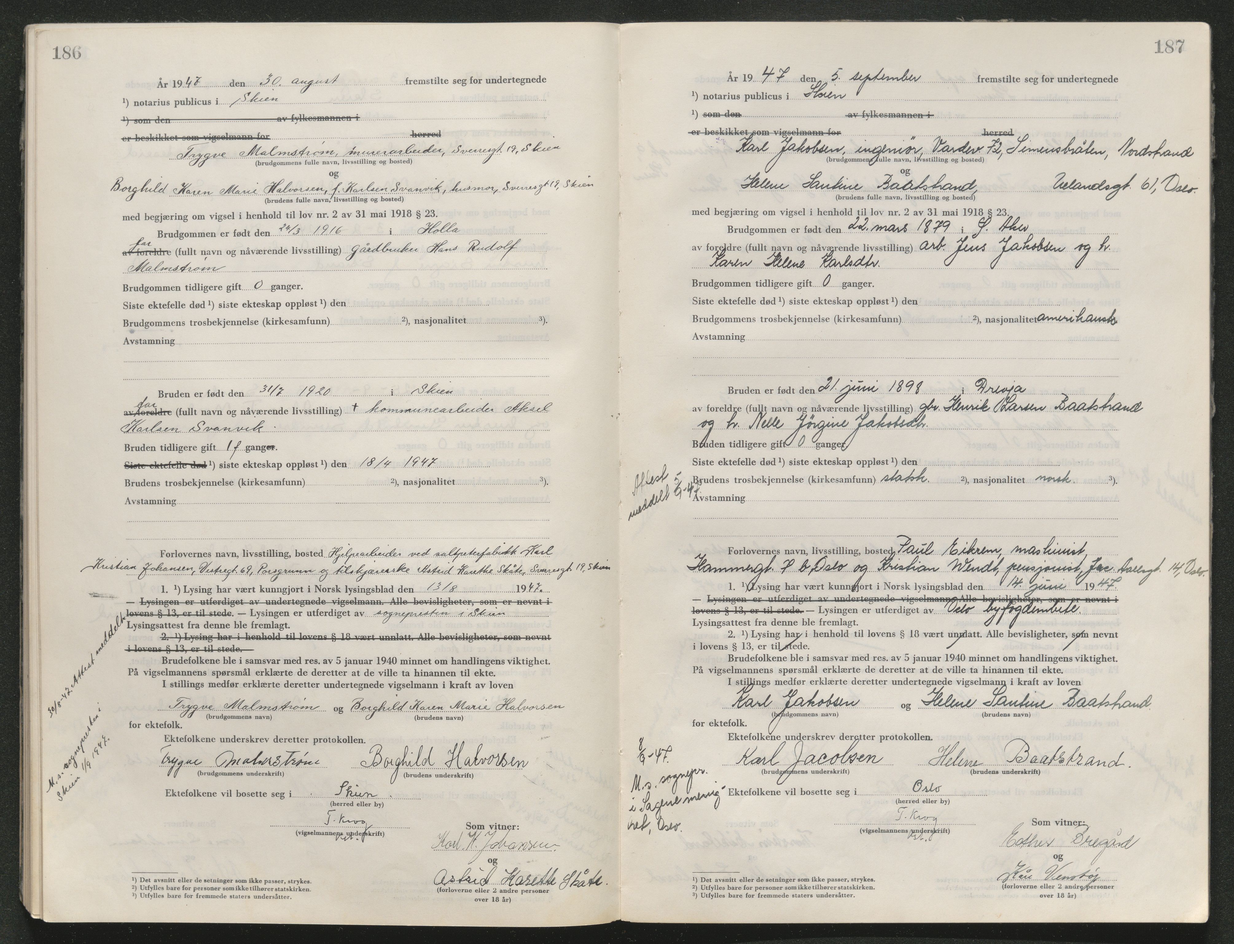 Skien sorenskriveri, AV/SAKO-A-225/L/La/L0001: Vigselsprotokoll, 1920-1947, s. 186-187