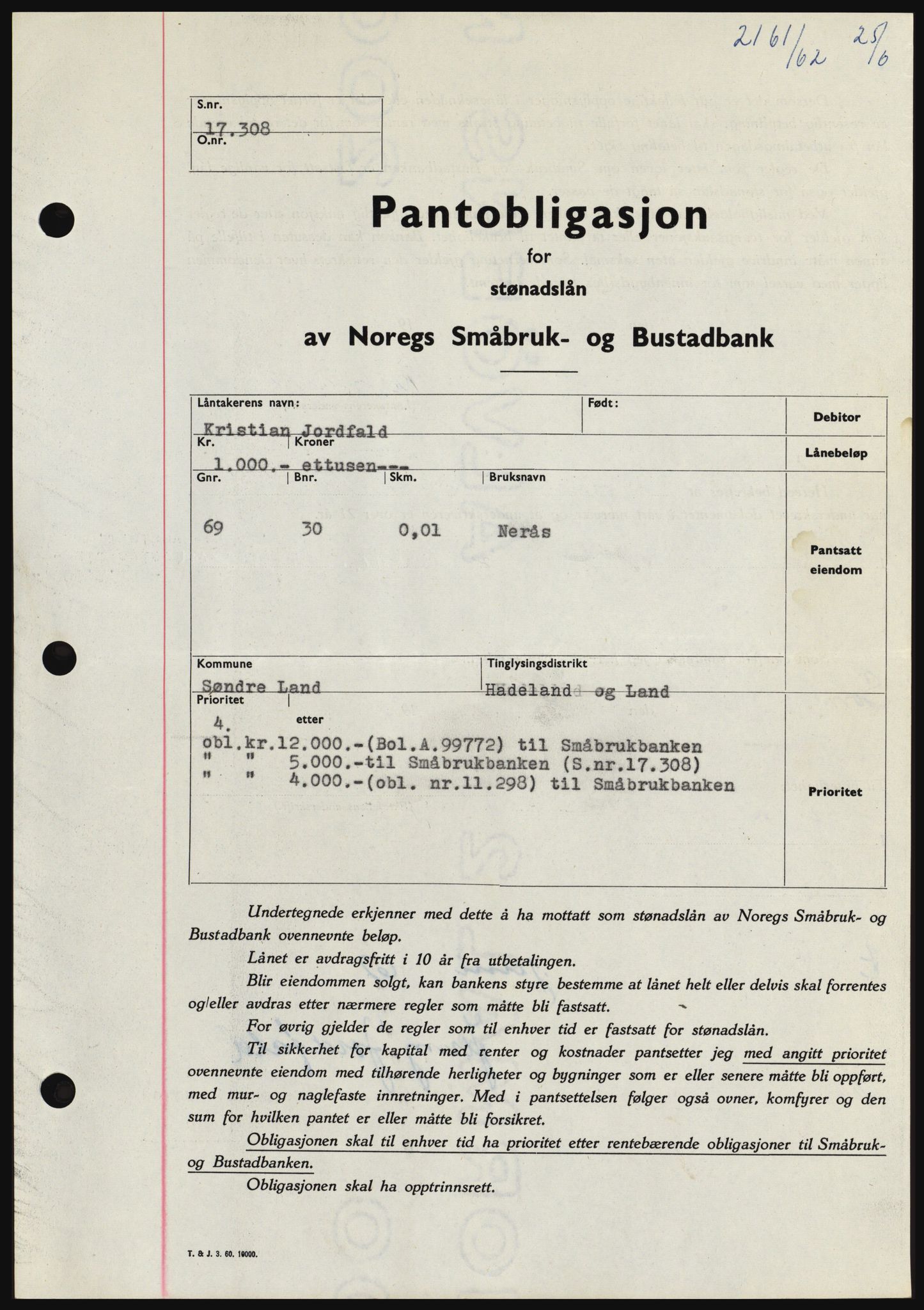 Hadeland og Land tingrett, SAH/TING-010/H/Hb/Hbc/L0048: Pantebok nr. B48, 1962-1962, Dagboknr: 2161/1962