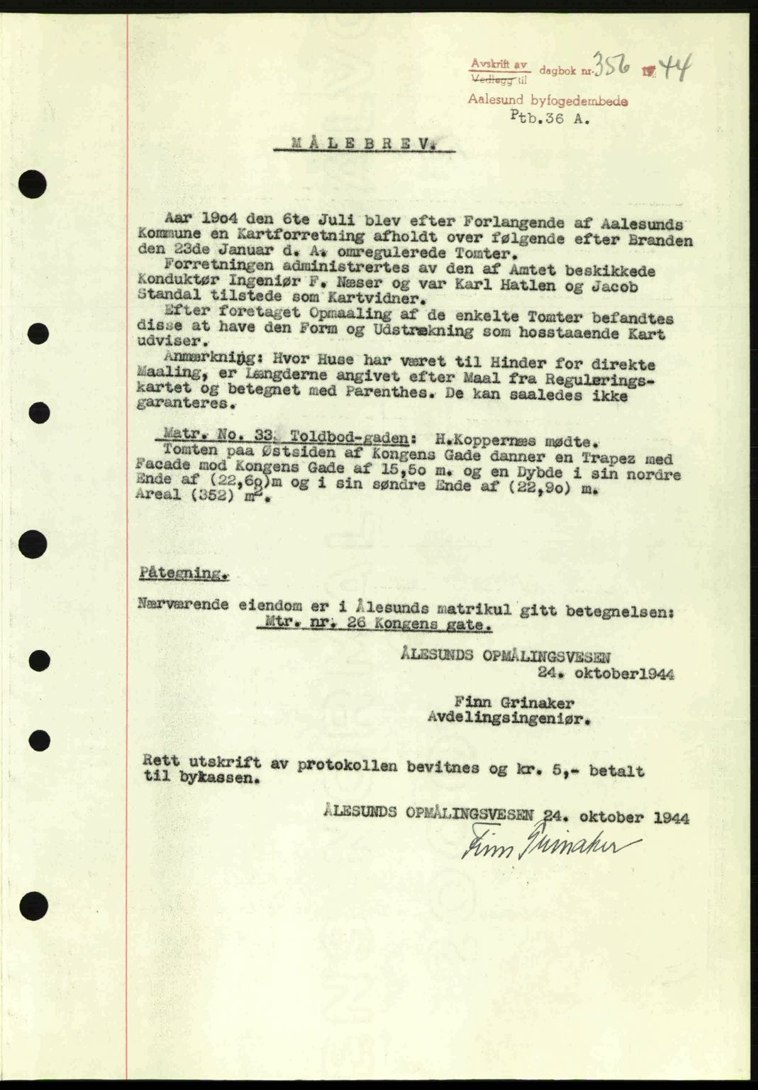 Ålesund byfogd, AV/SAT-A-4384: Pantebok nr. 36a, 1944-1945, Dagboknr: 356/1944