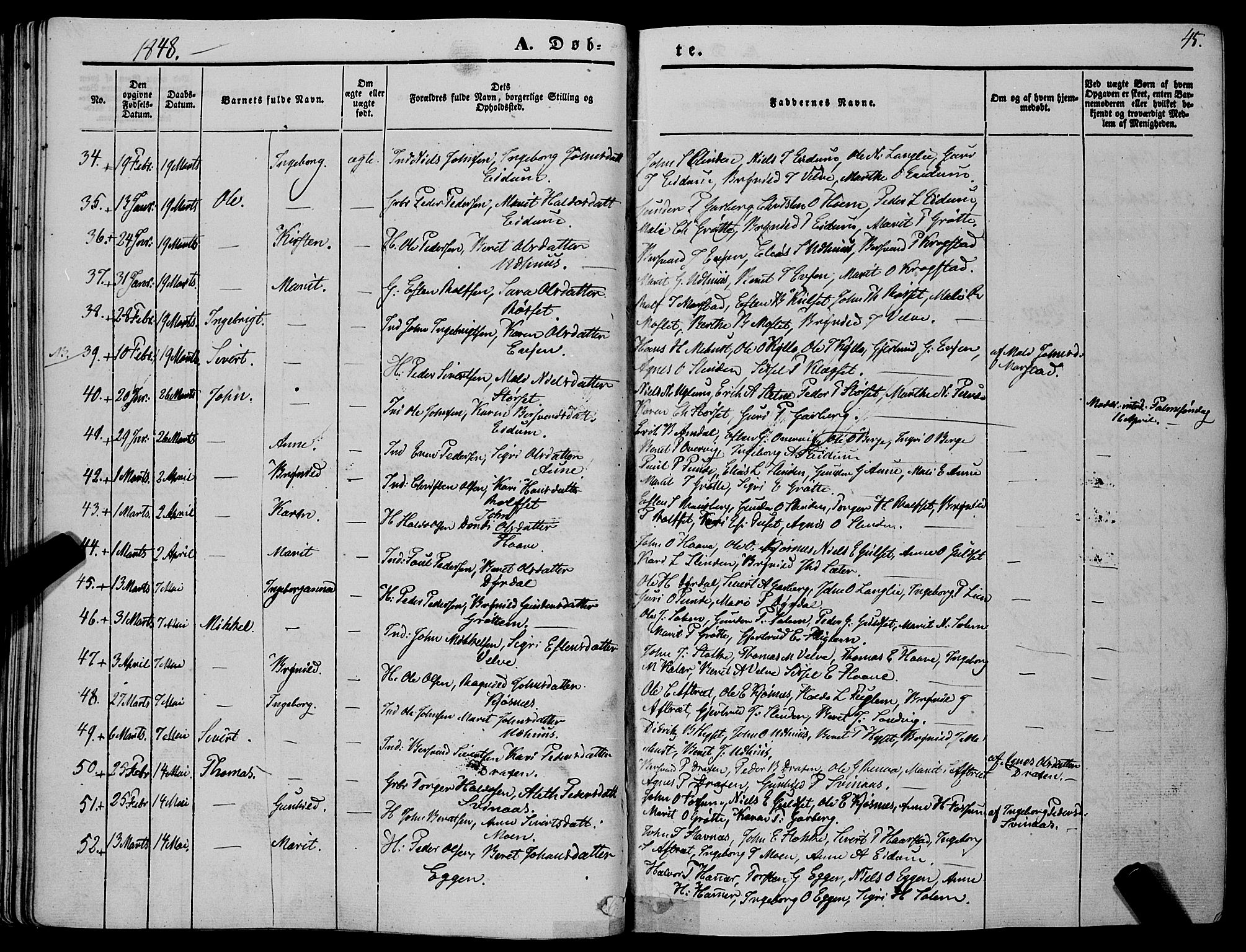 Ministerialprotokoller, klokkerbøker og fødselsregistre - Sør-Trøndelag, SAT/A-1456/695/L1145: Ministerialbok nr. 695A06 /1, 1843-1859, s. 45
