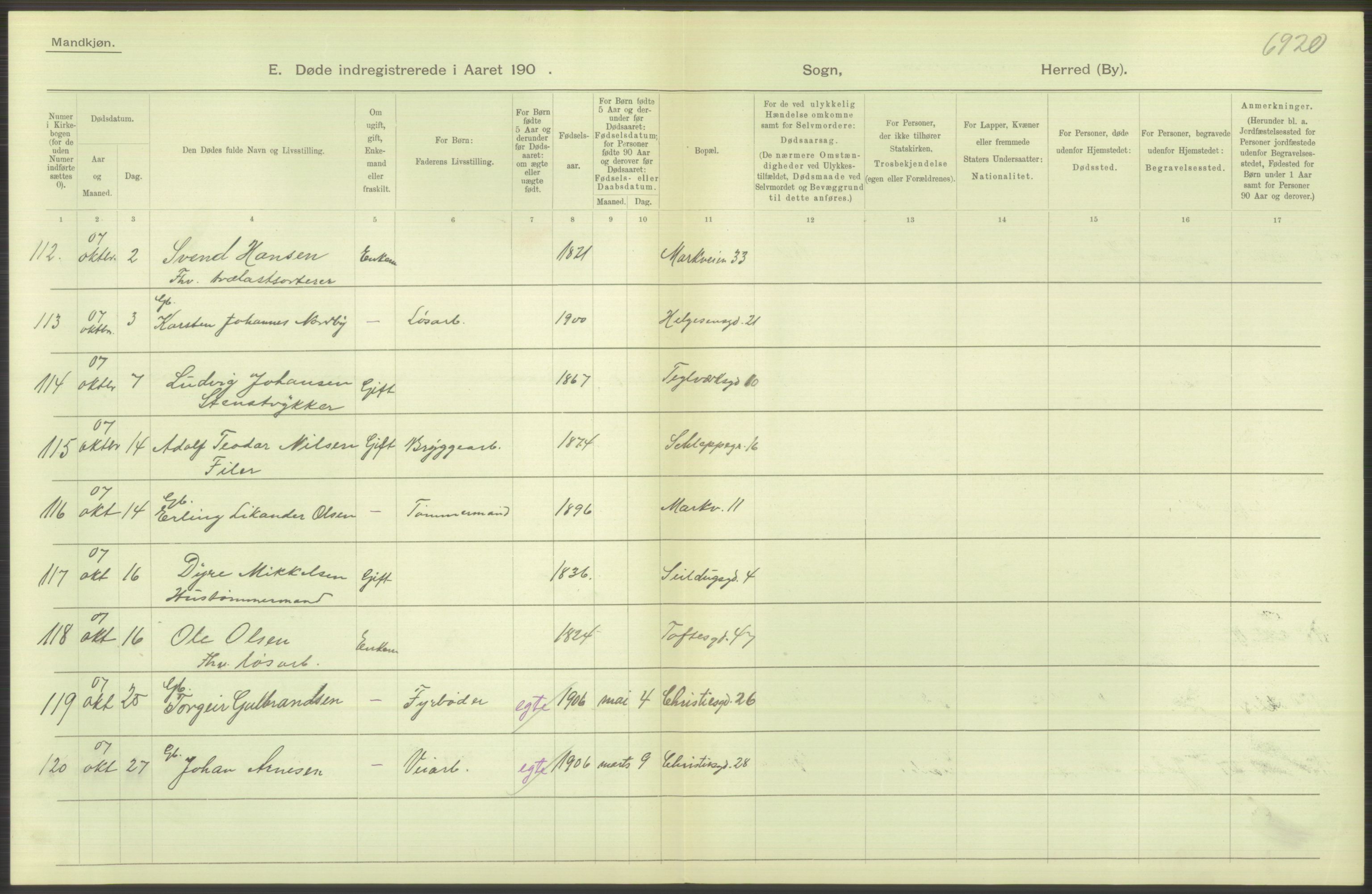 Statistisk sentralbyrå, Sosiodemografiske emner, Befolkning, RA/S-2228/D/Df/Dfa/Dfae/L0010: Kristiania: Døde, dødfødte, 1907, s. 286