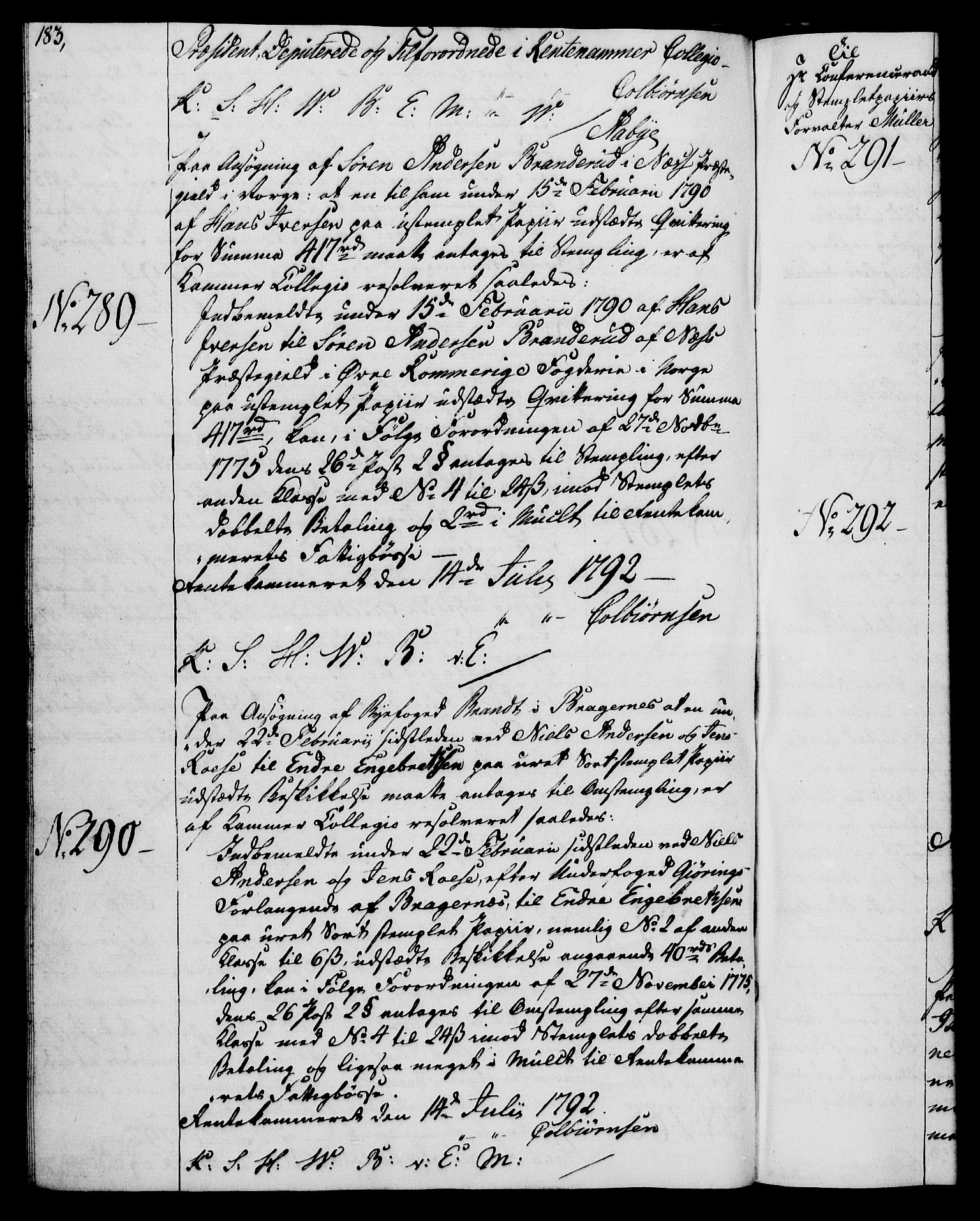Rentekammeret, Kammerkanselliet, RA/EA-3111/G/Gg/Gga/L0015: Norsk ekspedisjonsprotokoll med register (merket RK 53.15), 1790-1791, s. 183