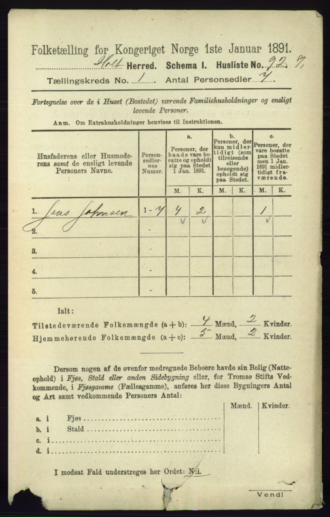 RA, Folketelling 1891 for 0914 Holt herred, 1891, s. 125