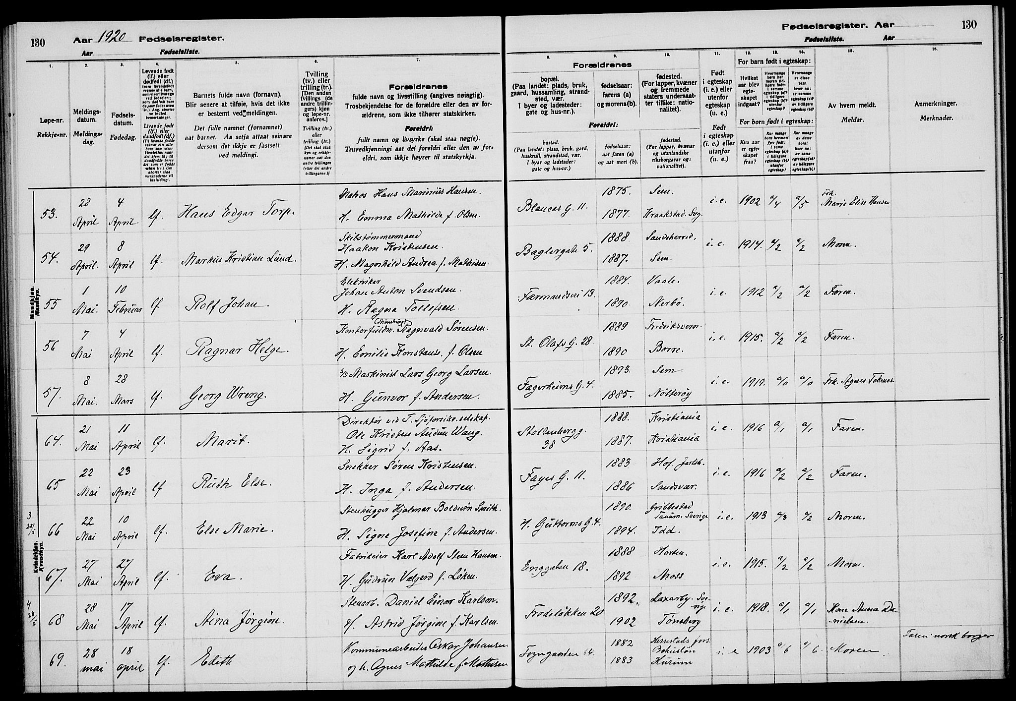 Tønsberg kirkebøker, AV/SAKO-A-330/J/Ja/L0001: Fødselsregister nr. 1, 1916-1922, s. 130