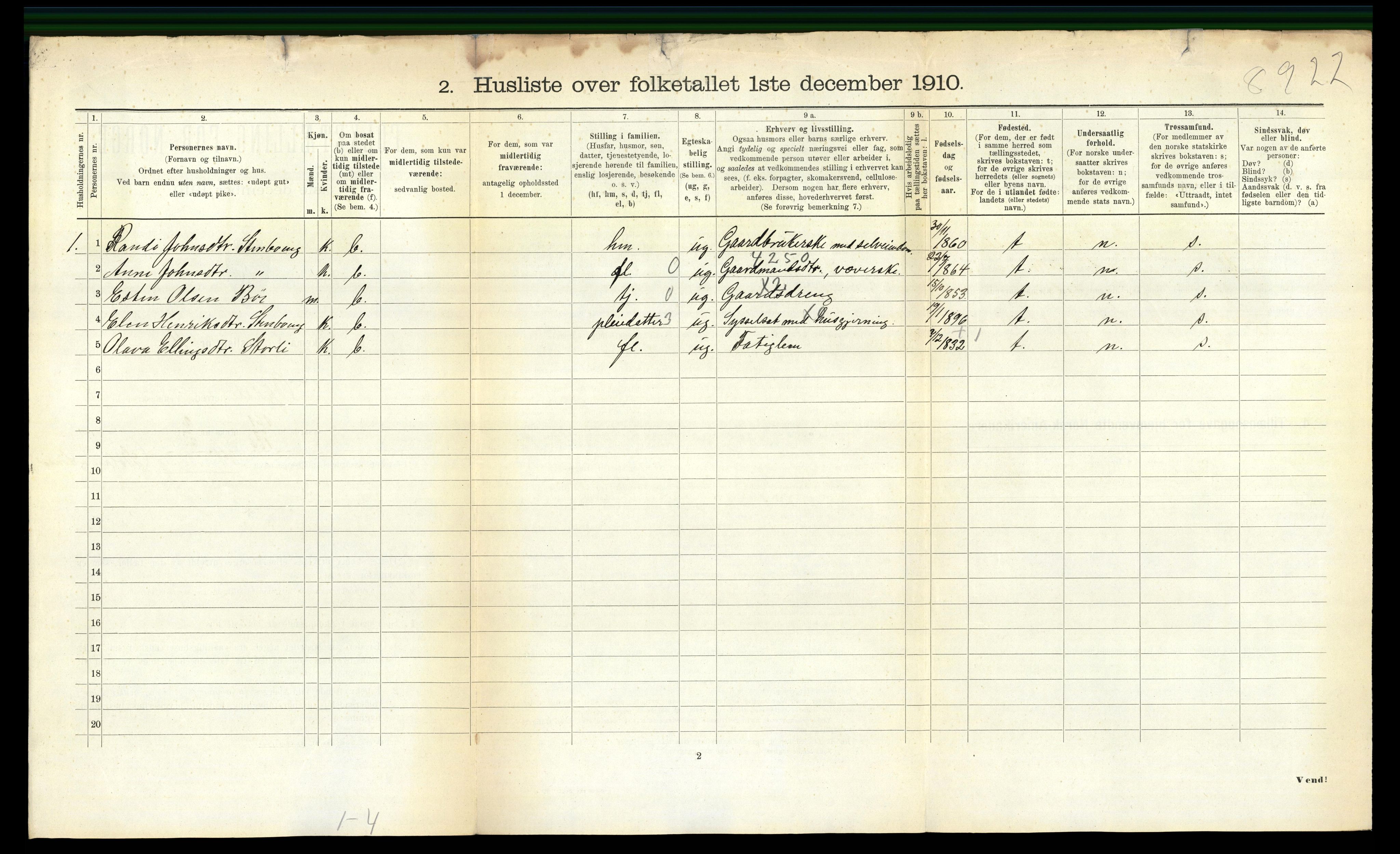 RA, Folketelling 1910 for 1634 Oppdal herred, 1910, s. 870