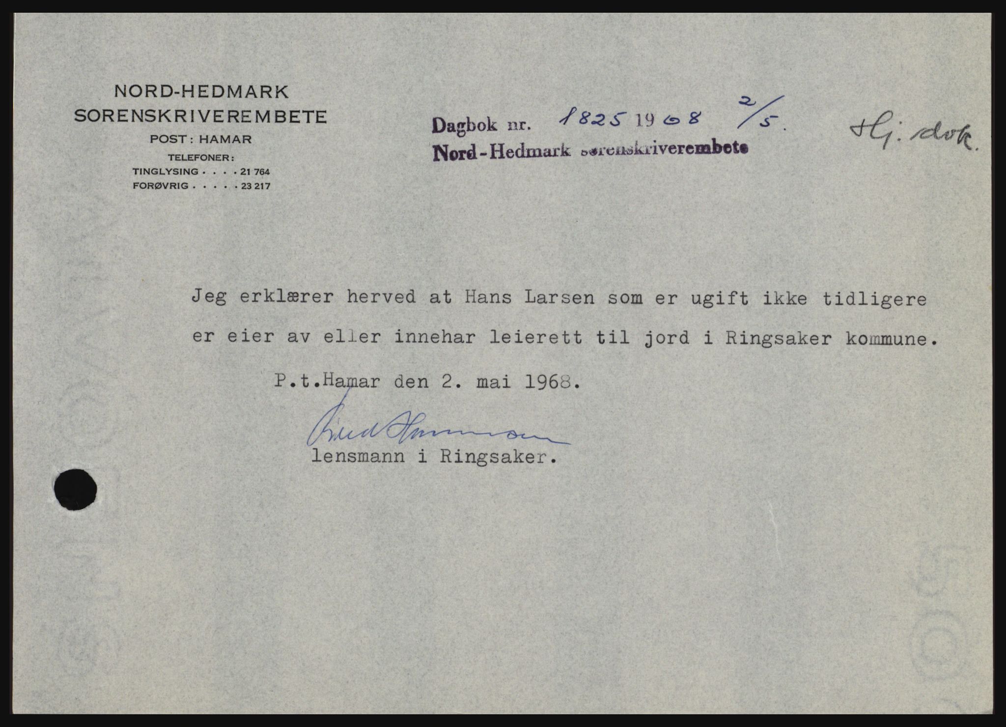 Nord-Hedmark sorenskriveri, SAH/TING-012/H/Hc/L0028: Pantebok nr. 28, 1968-1968, Dagboknr: 1825/1968