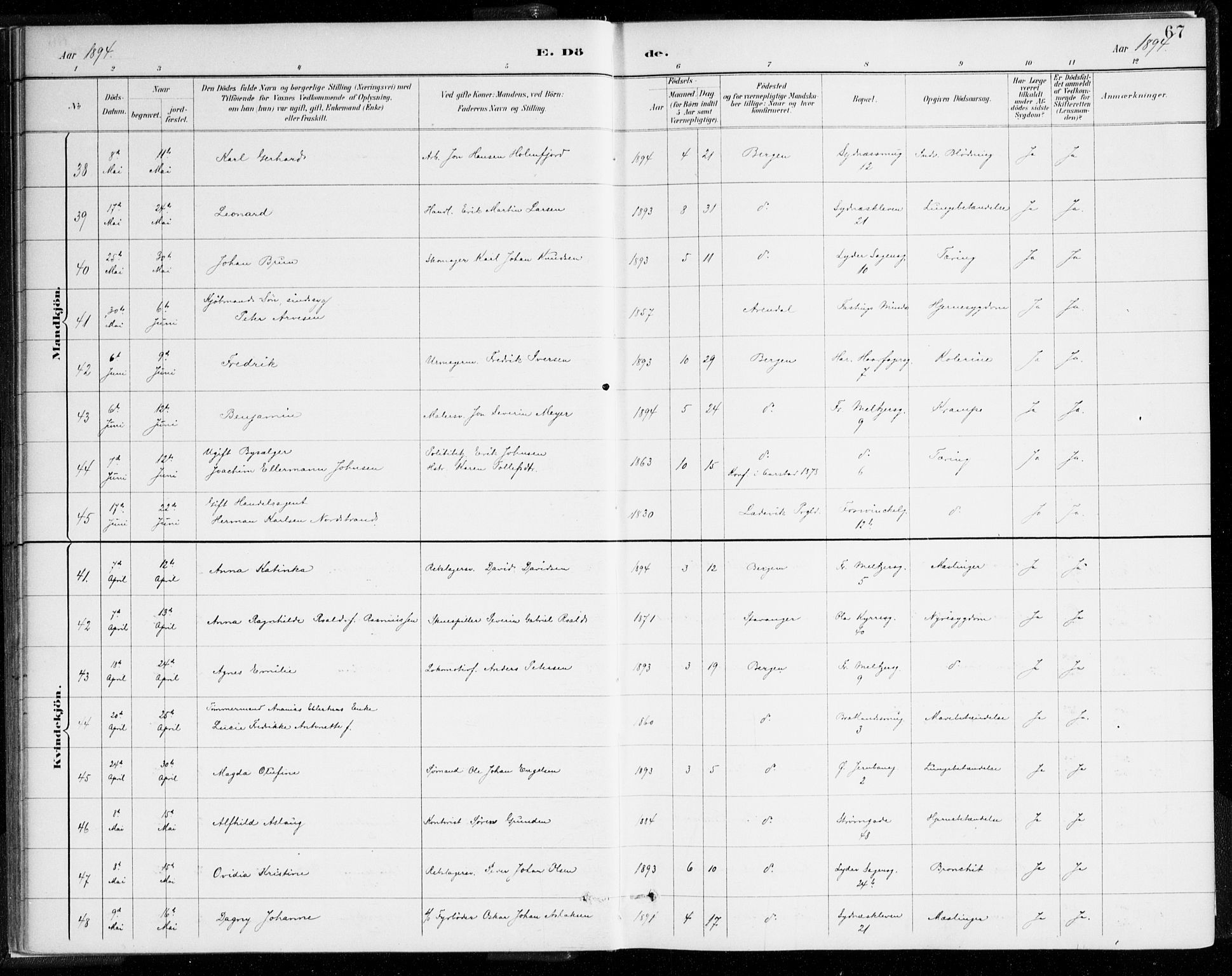 Johanneskirken sokneprestembete, AV/SAB-A-76001/H/Haa/L0019: Ministerialbok nr. E 1, 1885-1915, s. 67