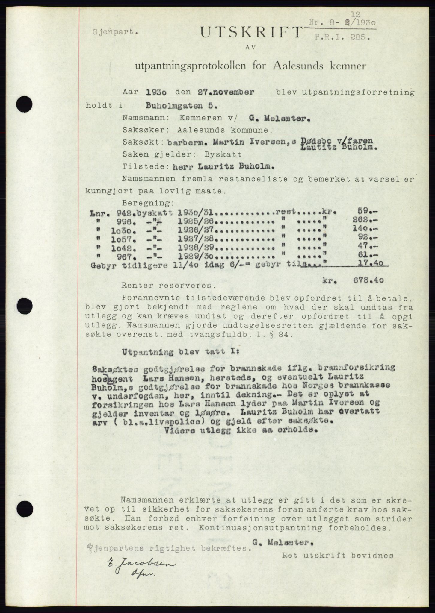 Ålesund byfogd, AV/SAT-A-4384: Pantebok nr. 26, 1930-1930, Tingl.dato: 02.12.1930