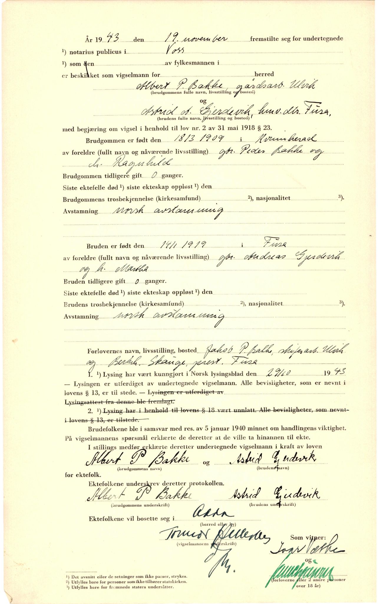 Voss sorenskrivar, SAB/A-2701/M/Maa/L0002: Vigselbok, 1943-1945, s. 3b
