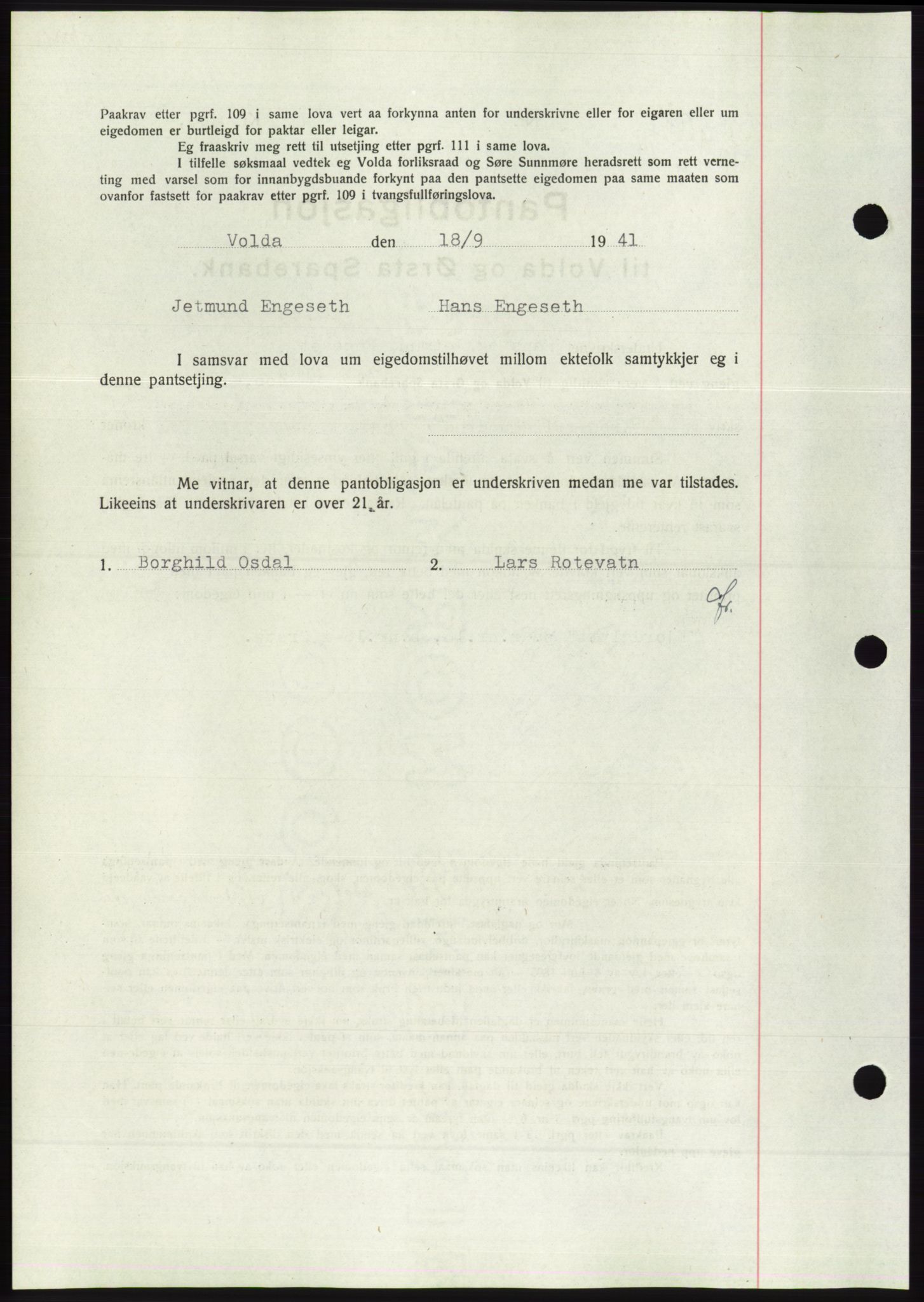 Søre Sunnmøre sorenskriveri, AV/SAT-A-4122/1/2/2C/L0071: Pantebok nr. 65, 1941-1941, Dagboknr: 957/1941