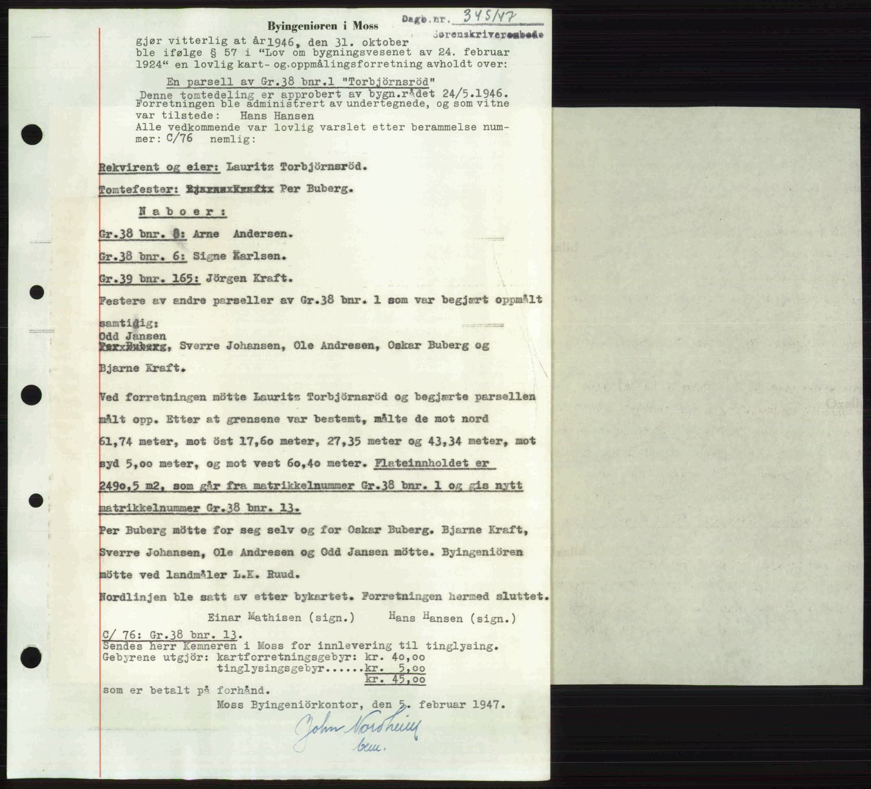 Moss sorenskriveri, SAO/A-10168: Pantebok nr. A17, 1947-1947, Dagboknr: 345/1947