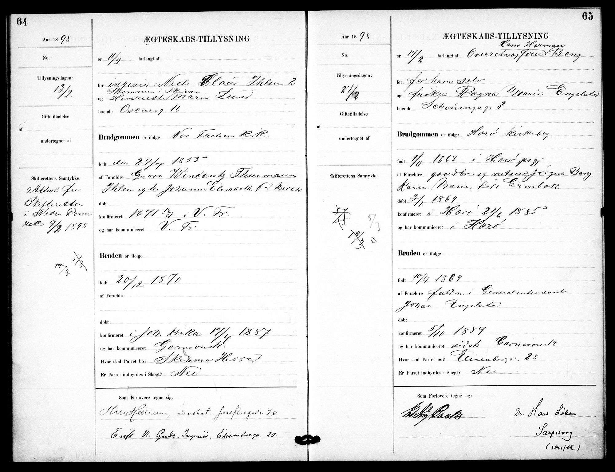 Garnisonsmenigheten Kirkebøker, AV/SAO-A-10846/H/Ha/L0008: Lysningsprotokoll nr. I 8, 1894-1908, s. 64-65