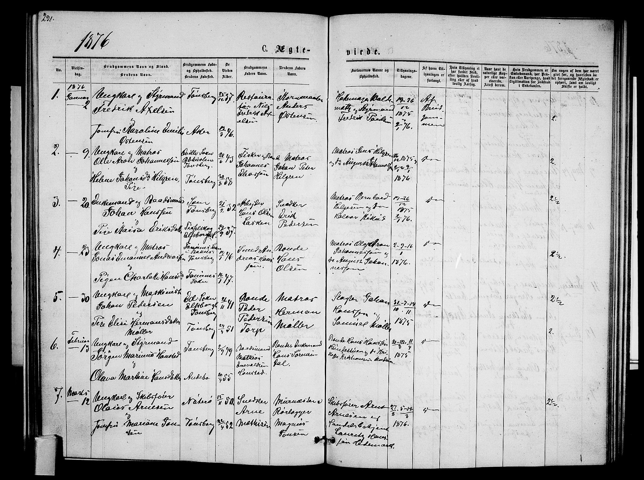 Tønsberg kirkebøker, AV/SAKO-A-330/G/Ga/L0005: Klokkerbok nr. 5, 1875-1885, s. 291