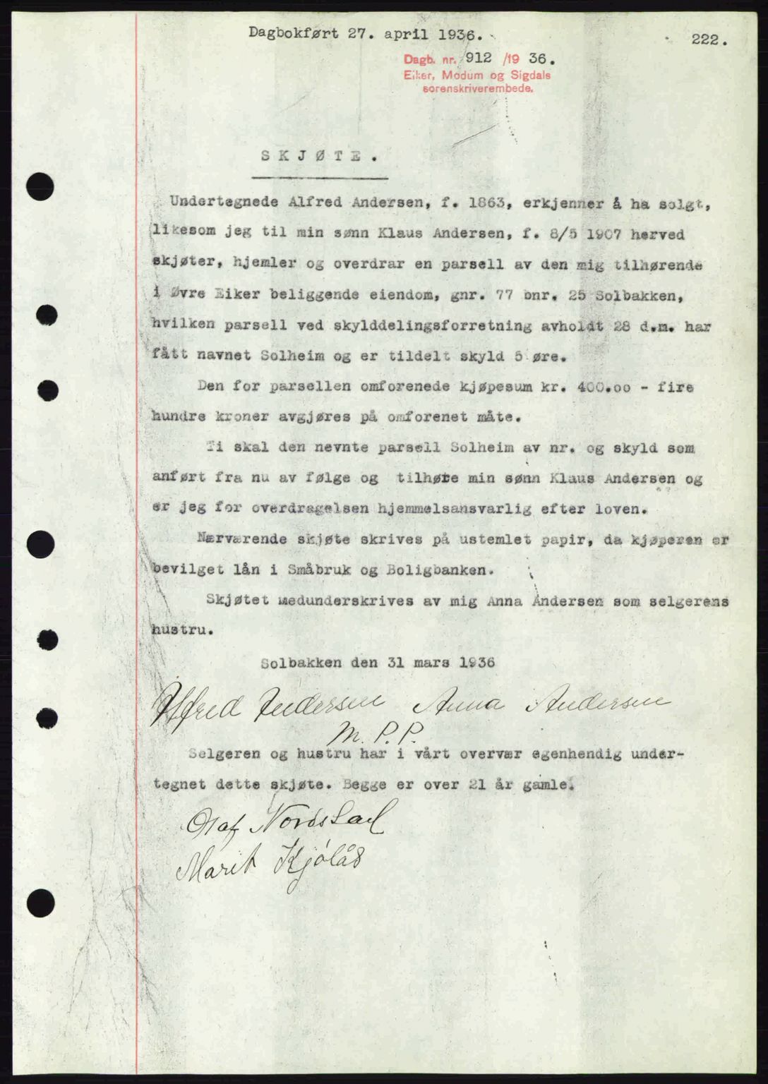 Eiker, Modum og Sigdal sorenskriveri, SAKO/A-123/G/Ga/Gab/L0032: Pantebok nr. A2, 1936-1936, Dagboknr: 912/1936
