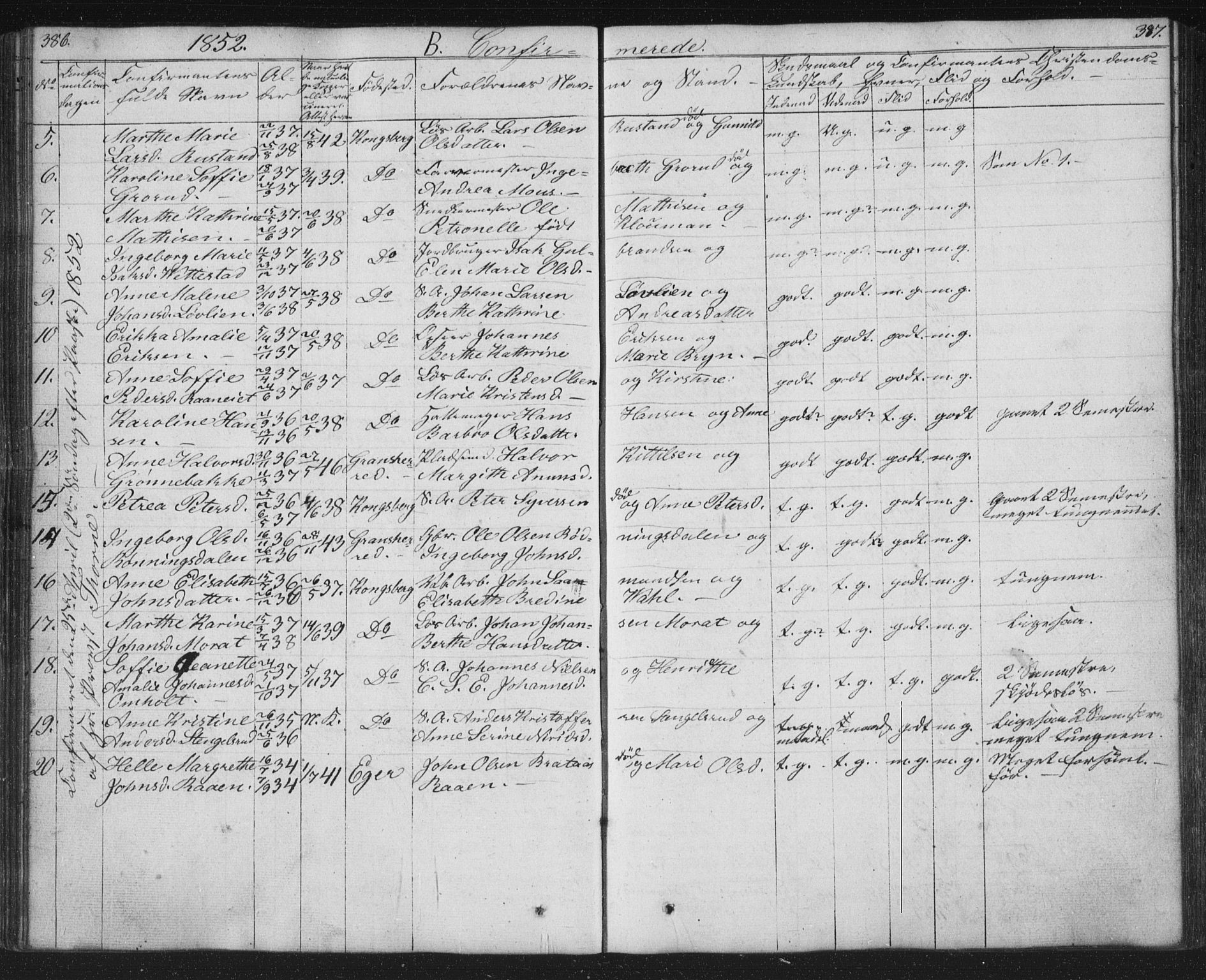 Kongsberg kirkebøker, AV/SAKO-A-22/G/Ga/L0002: Klokkerbok nr. 2, 1839-1858, s. 386-387