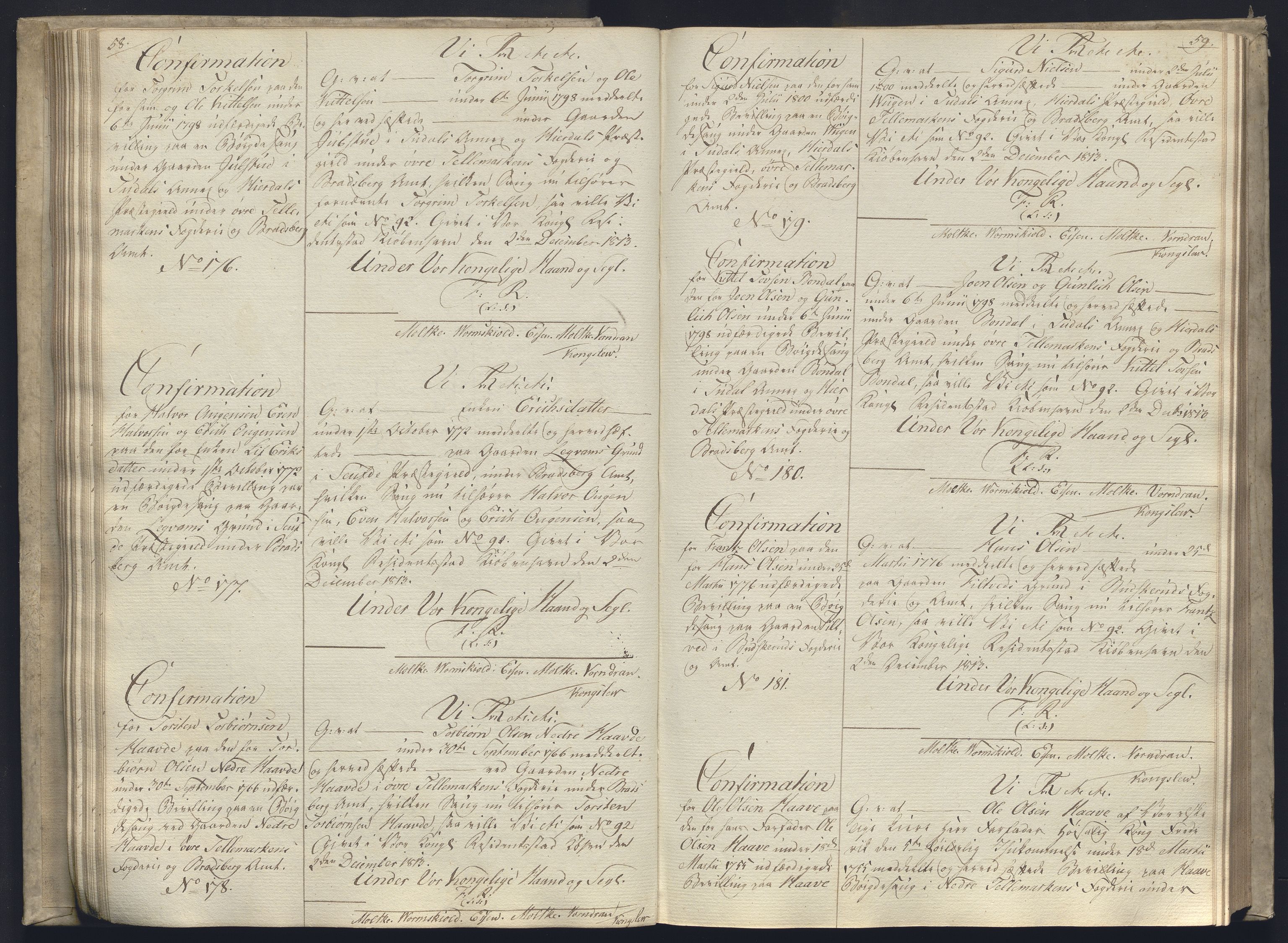 Rentekammeret, Kammerkanselliet, AV/RA-EA-3111/G/Gg/Ggc/Ggca/L0003: Norsk konfirmasjonsekspedisjonsprotokoll, 1813, s. 58-59