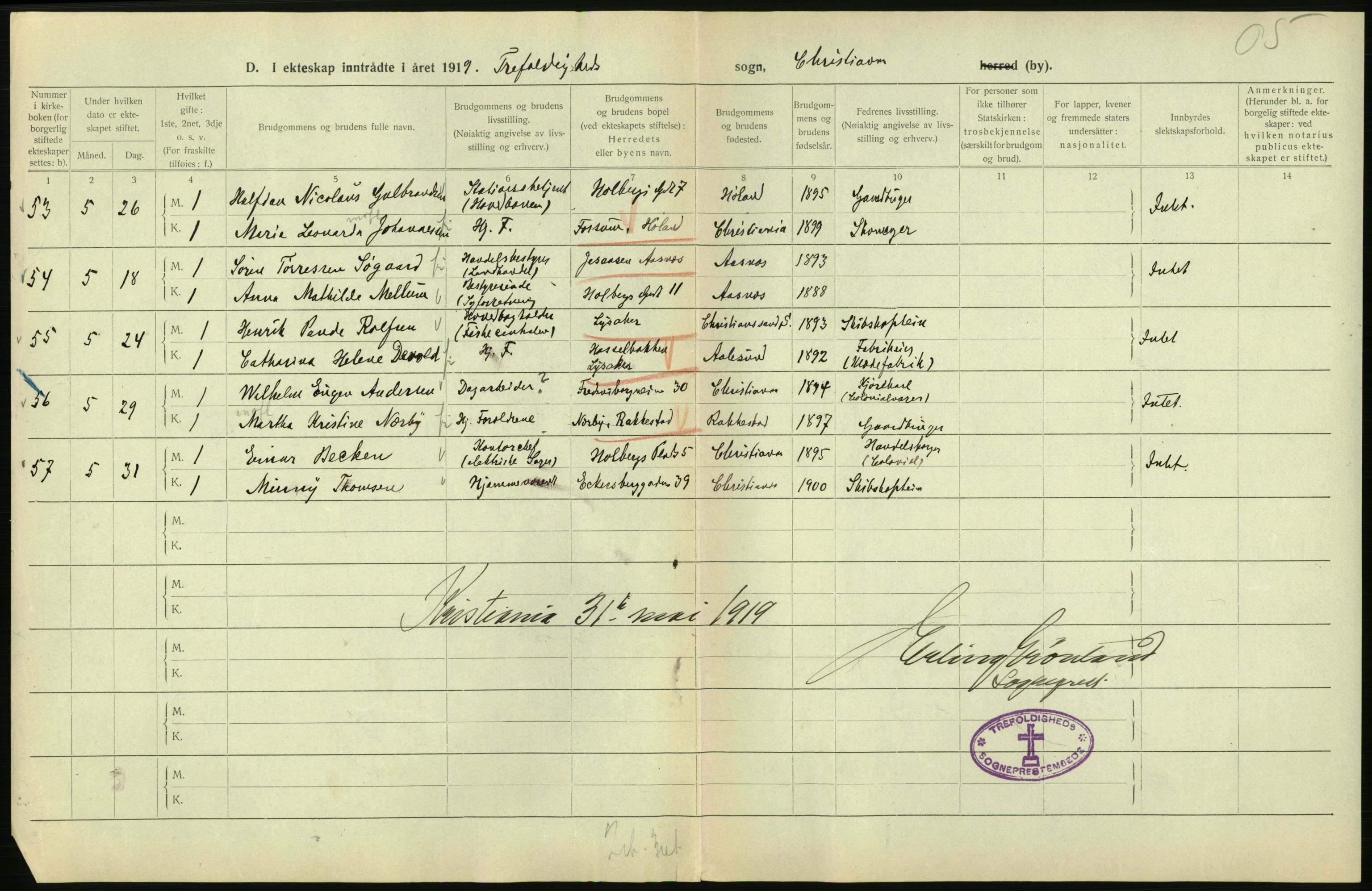 Statistisk sentralbyrå, Sosiodemografiske emner, Befolkning, AV/RA-S-2228/D/Df/Dfb/Dfbi/L0009: Kristiania: Gifte, 1919, s. 76