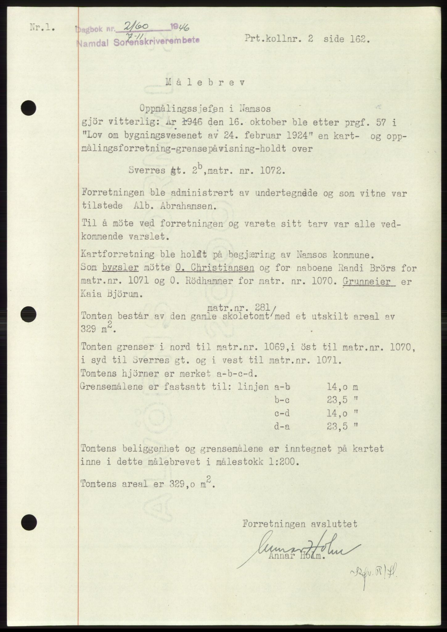 Namdal sorenskriveri, SAT/A-4133/1/2/2C: Pantebok nr. -, 1946-1947, Dagboknr: 2160/1946