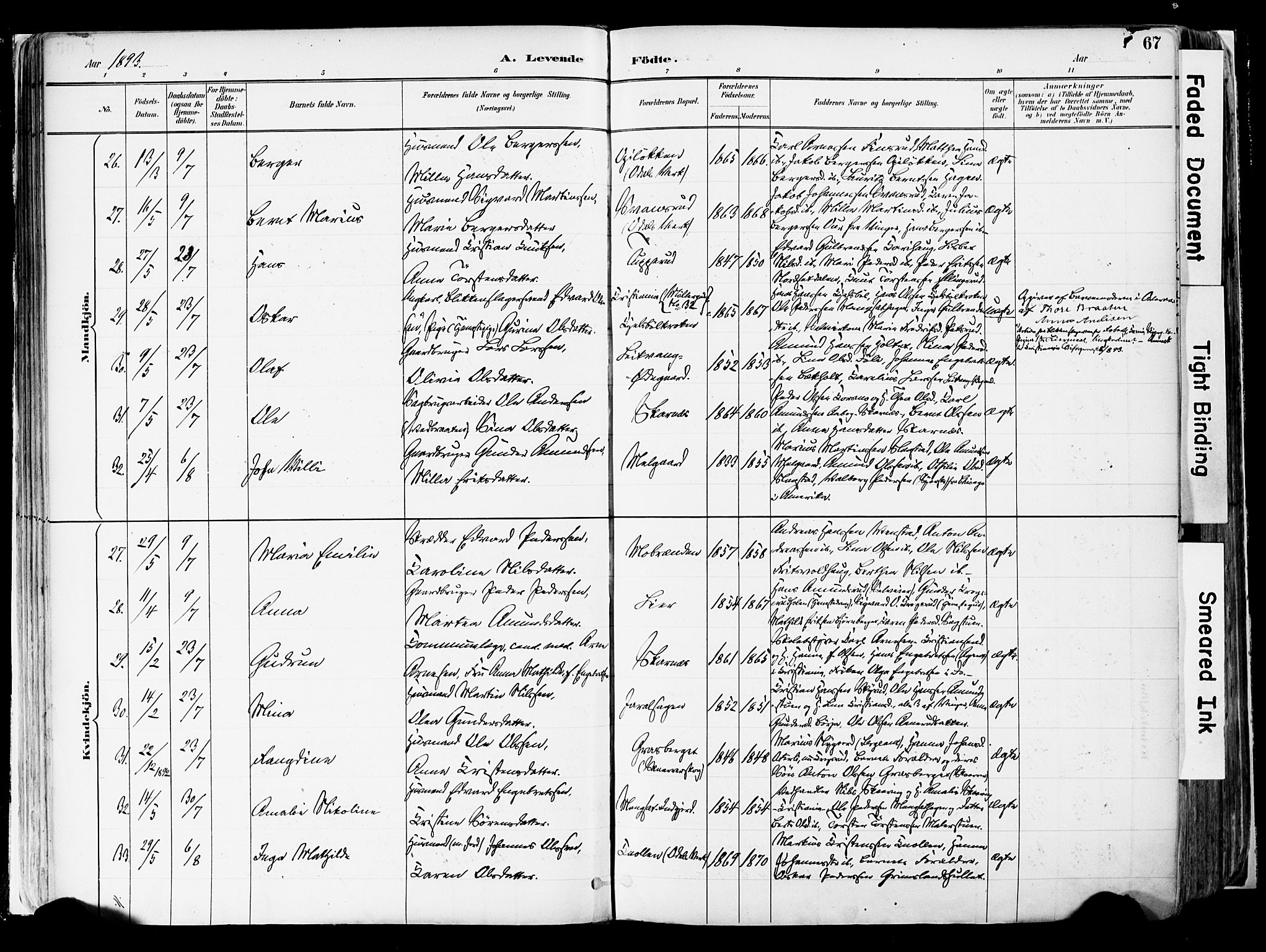 Sør-Odal prestekontor, AV/SAH-PREST-030/H/Ha/Haa/L0006: Ministerialbok nr. 6, 1886-1931, s. 67