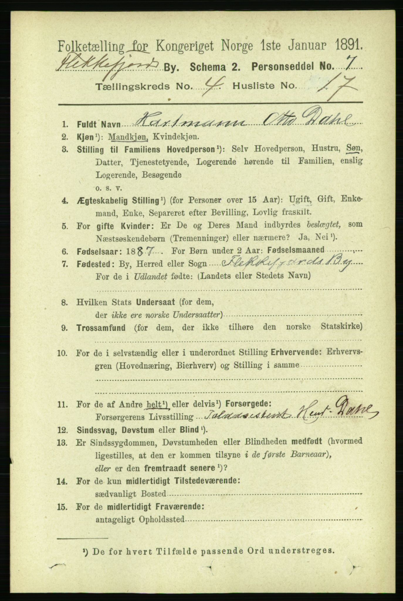 RA, Folketelling 1891 for 1004 Flekkefjord kjøpstad, 1891, s. 1115