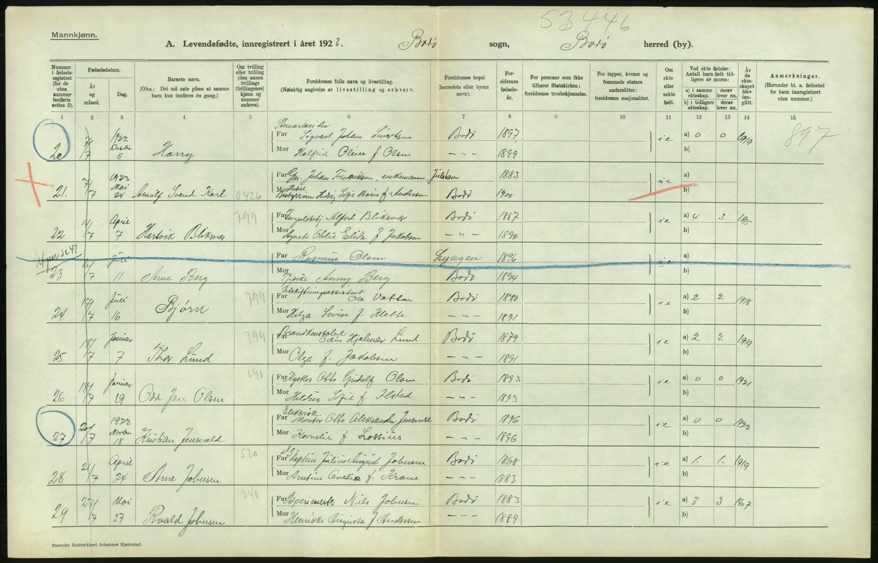 Statistisk sentralbyrå, Sosiodemografiske emner, Befolkning, AV/RA-S-2228/D/Df/Dfc/Dfcc/L0042: Nordland fylke: Levendefødte menn og kvinner. Byer. Samt gifte, dødfødte. Bygder og byer., 1923, s. 30