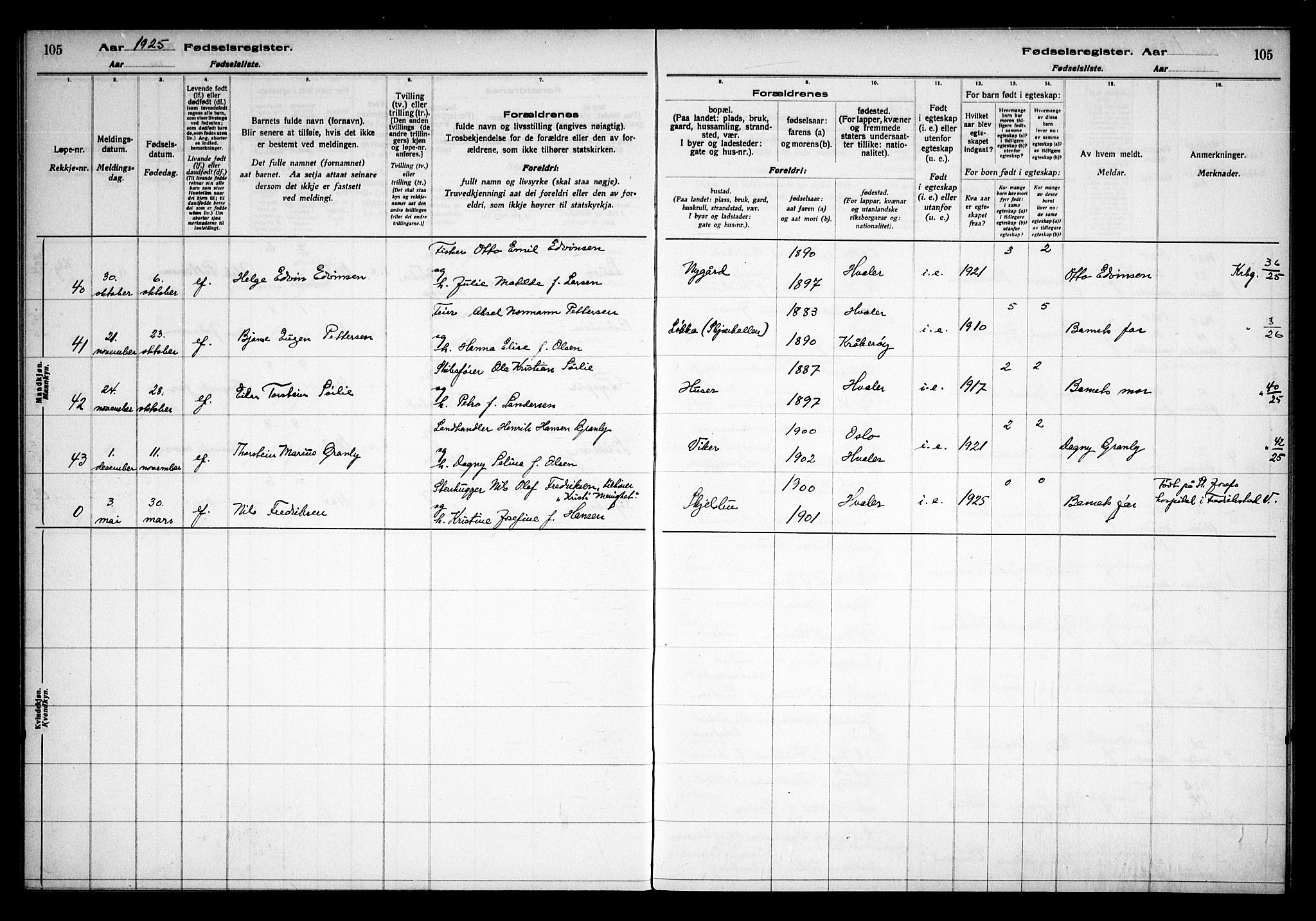 Hvaler prestekontor Kirkebøker, AV/SAO-A-2001/J/Ja/L0001: Fødselsregister nr. I 1, 1916-1938, s. 105