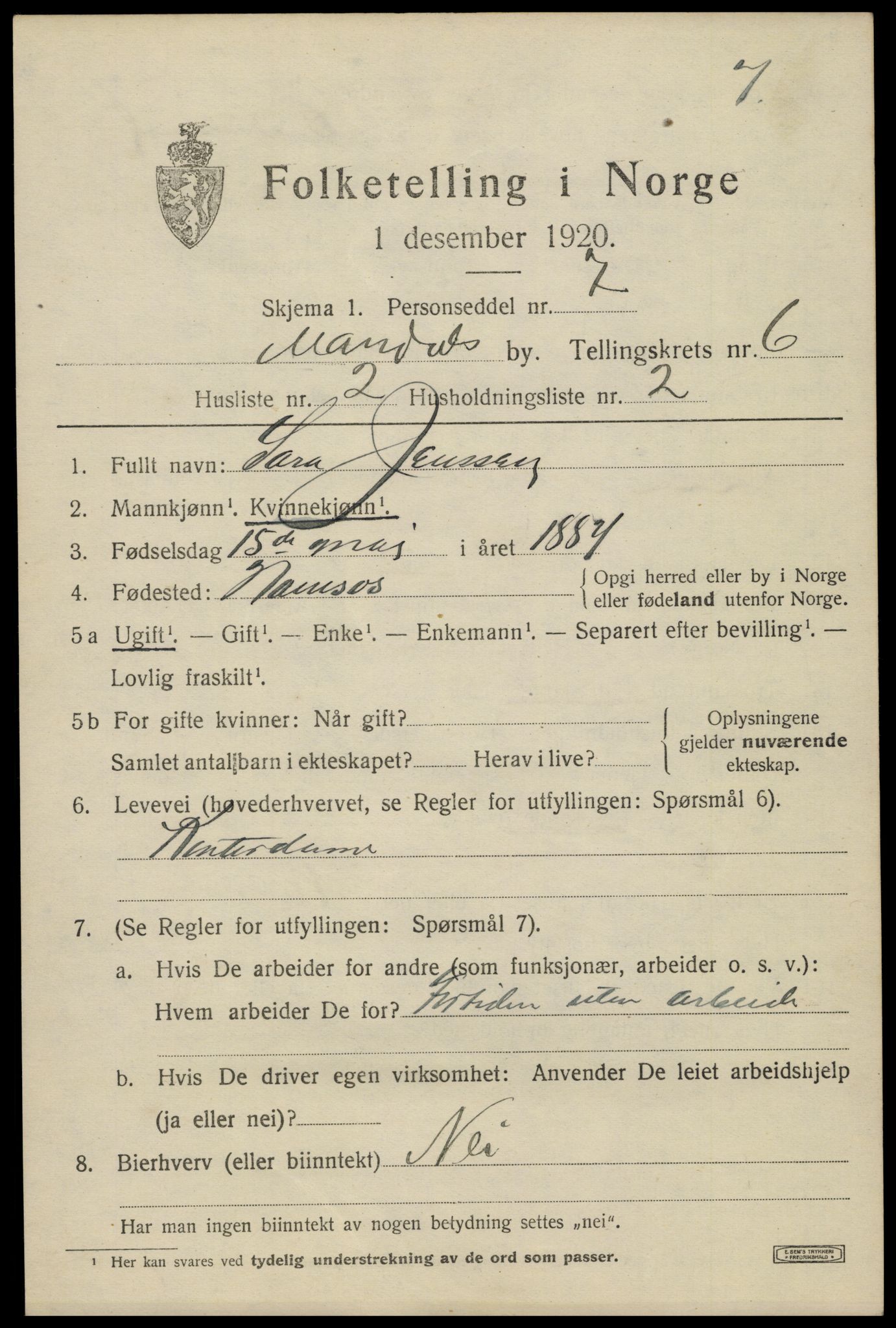 SAK, Folketelling 1920 for 1002 Mandal ladested, 1920, s. 9135