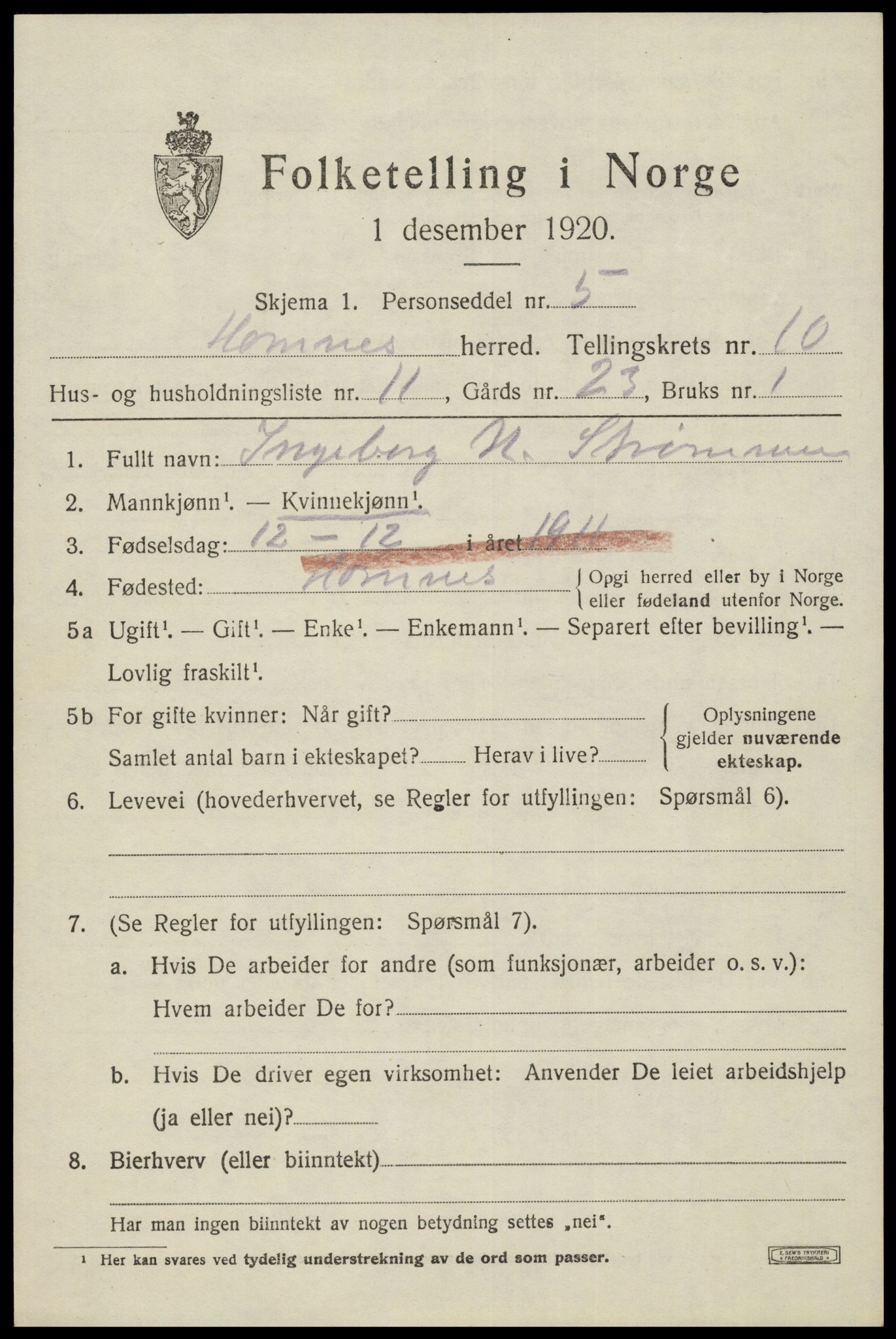 SAK, Folketelling 1920 for 0936 Hornnes herred, 1920, s. 2623