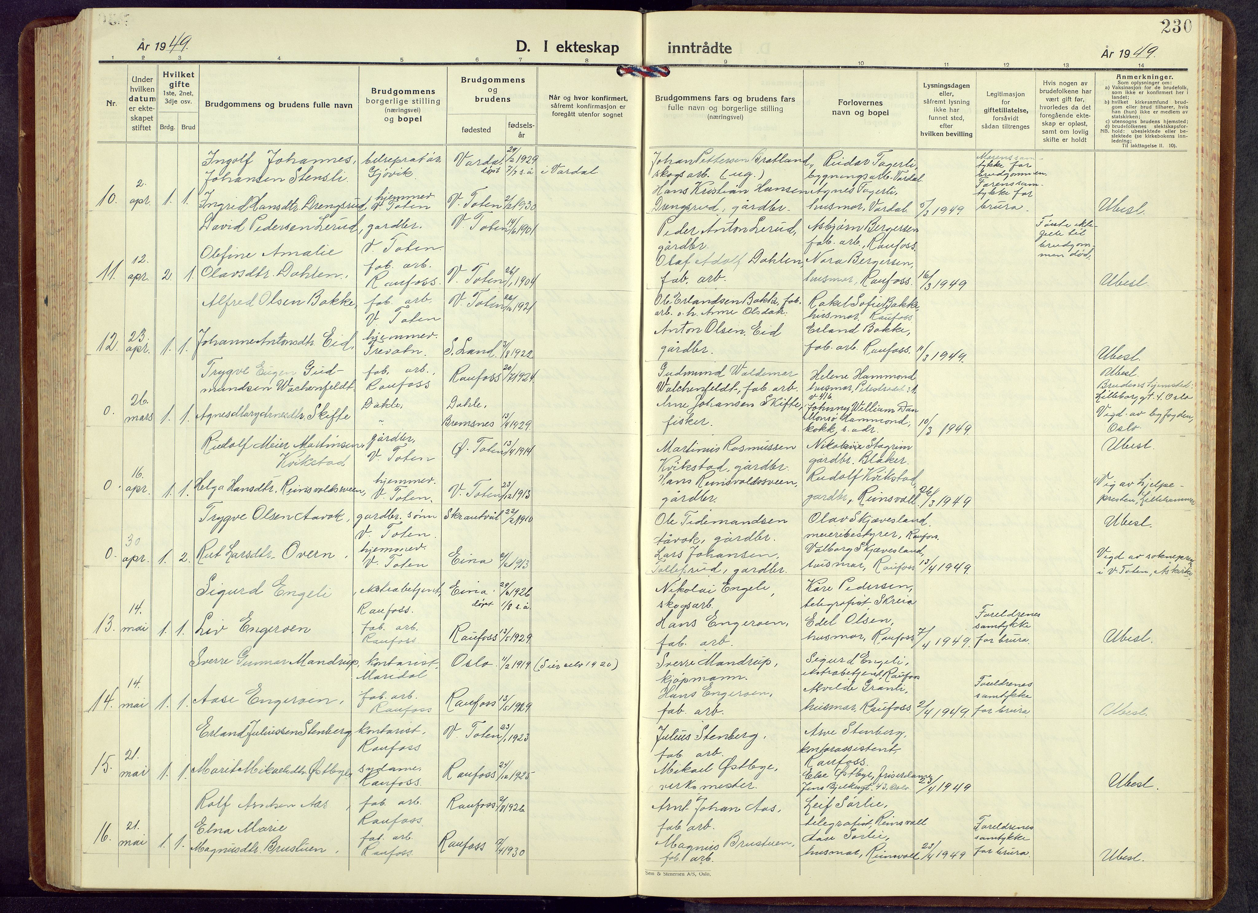 Vestre Toten prestekontor, AV/SAH-PREST-108/H/Ha/Hab/L0013: Klokkerbok nr. 13, 1940-1956, s. 230