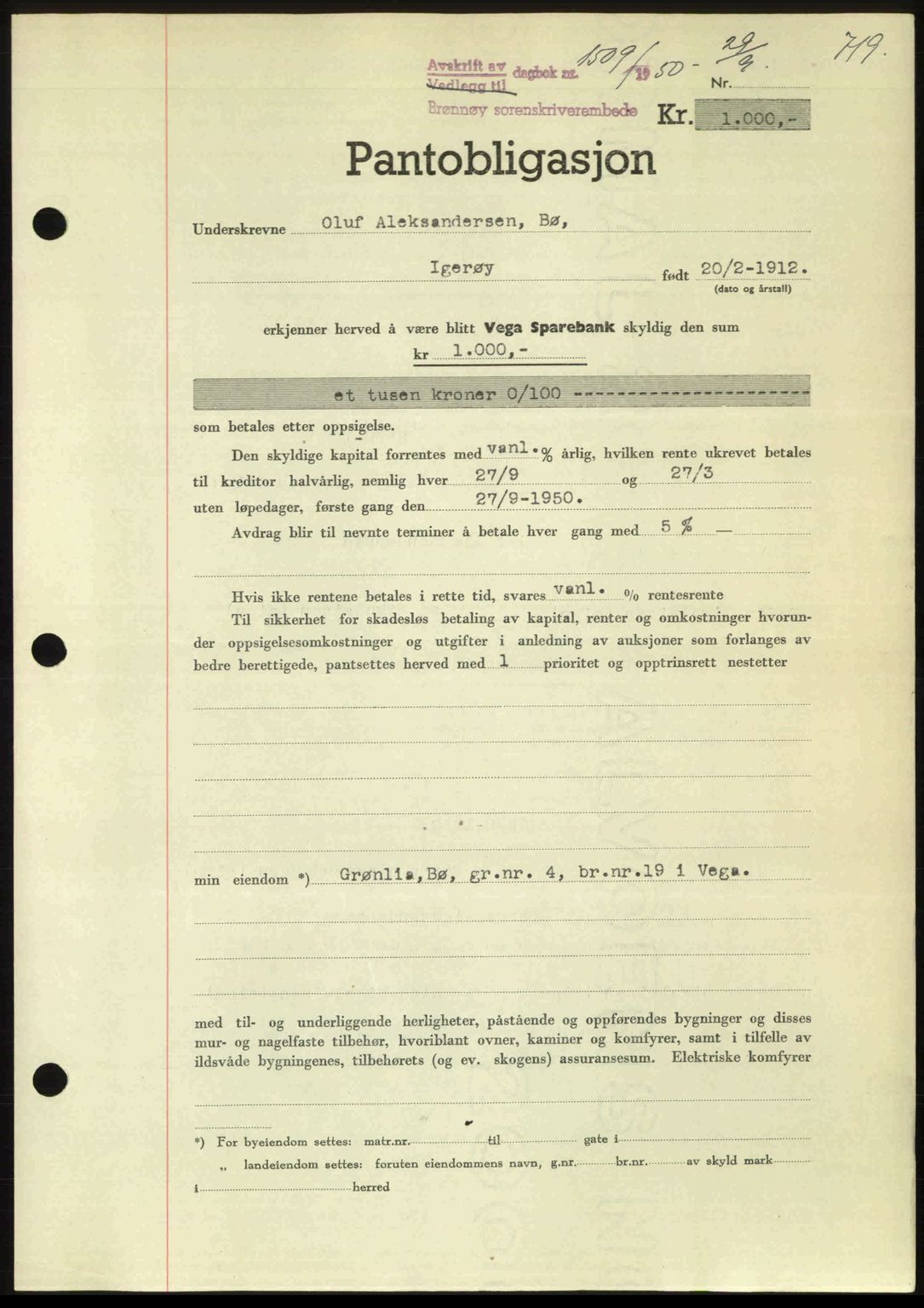 Brønnøy sorenskriveri, SAT/A-4170/1/2/2C: Pantebok nr. 36, 1950-1950, Dagboknr: 1509/1950