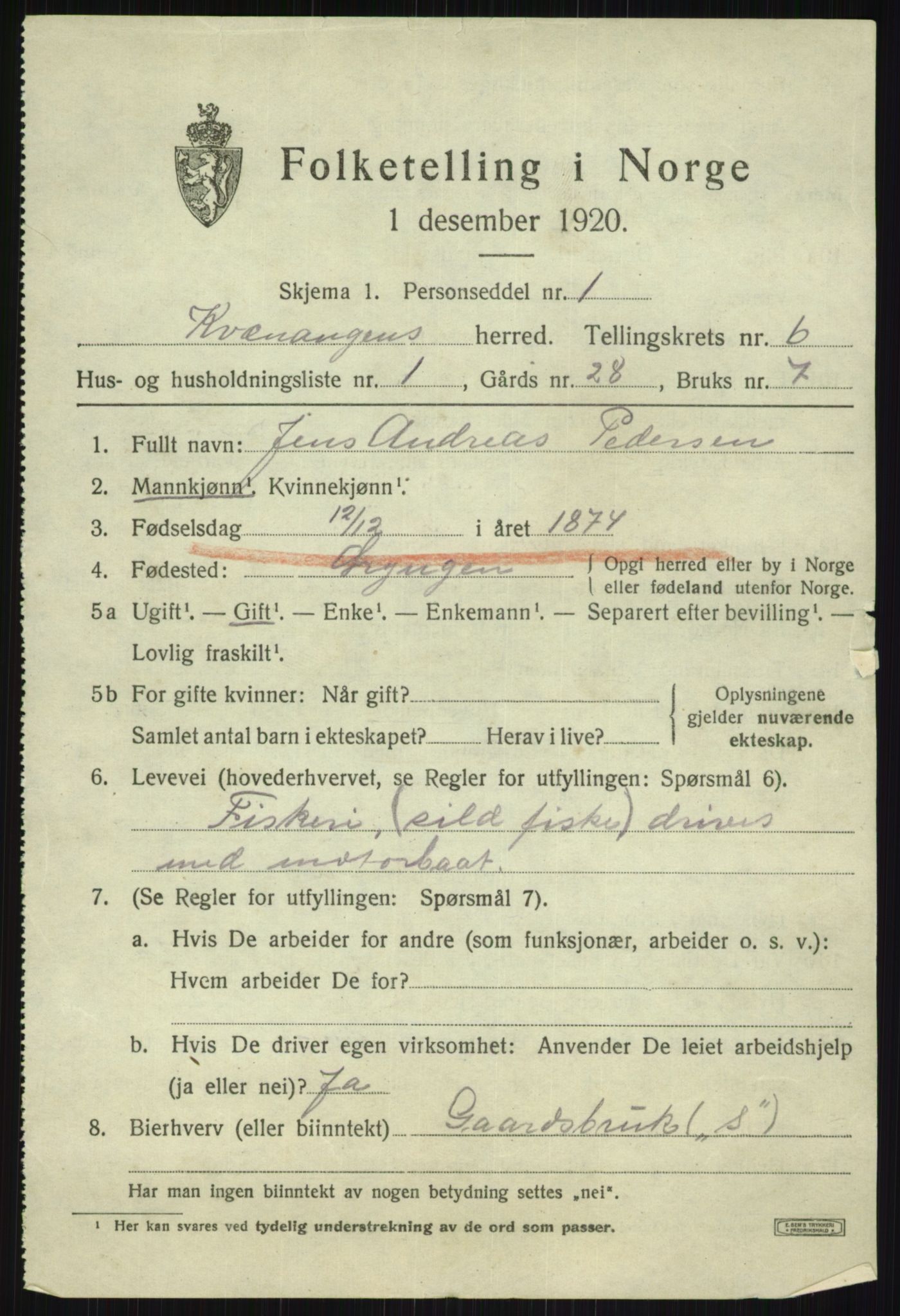 SATØ, Folketelling 1920 for 1943 Kvænangen herred, 1920, s. 3622