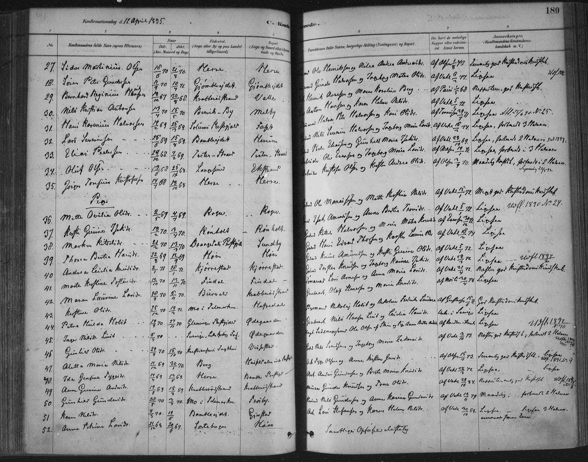 Bamble kirkebøker, AV/SAKO-A-253/F/Fa/L0007: Ministerialbok nr. I 7, 1878-1888, s. 189