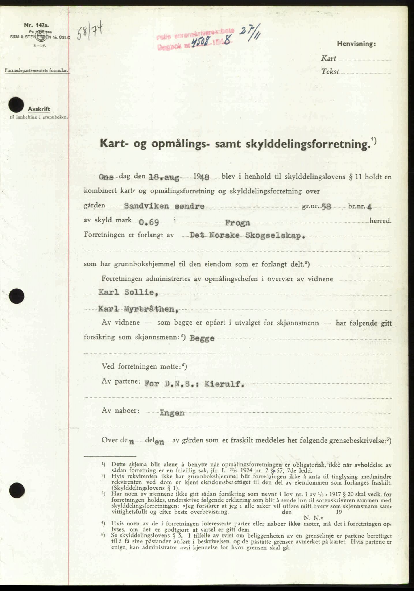 Follo sorenskriveri, SAO/A-10274/G/Ga/Gaa/L0085: Pantebok nr. I 85, 1948-1948, Dagboknr: 4508/1948