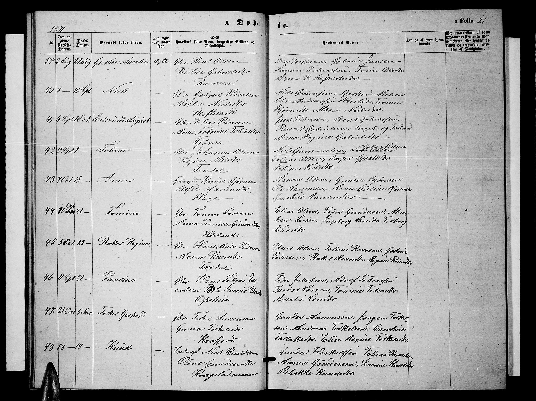 Sør-Audnedal sokneprestkontor, AV/SAK-1111-0039/F/Fb/Fbb/L0004: Klokkerbok nr. B 4, 1868-1879, s. 21