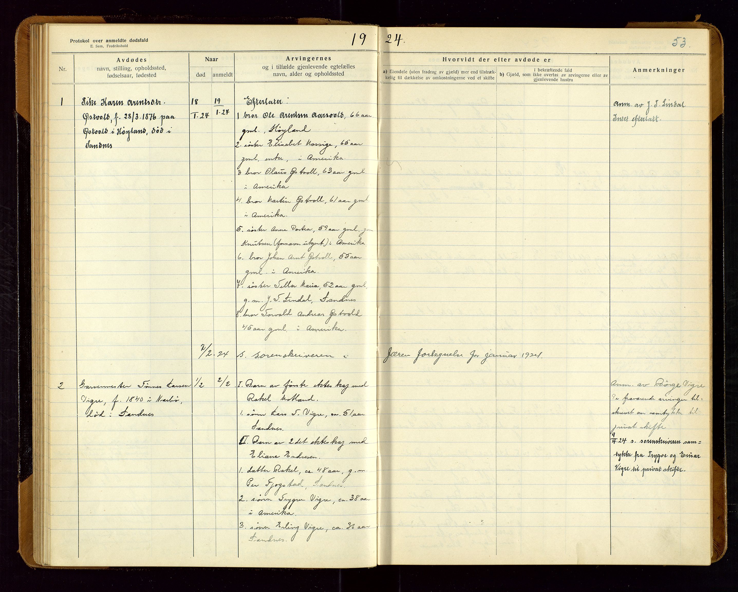 Sandnes lensmannskontor, SAST/A-100167/Gga/L0001: "Protokol over anmeldte dødsfald" m/register, 1918-1940, s. 53