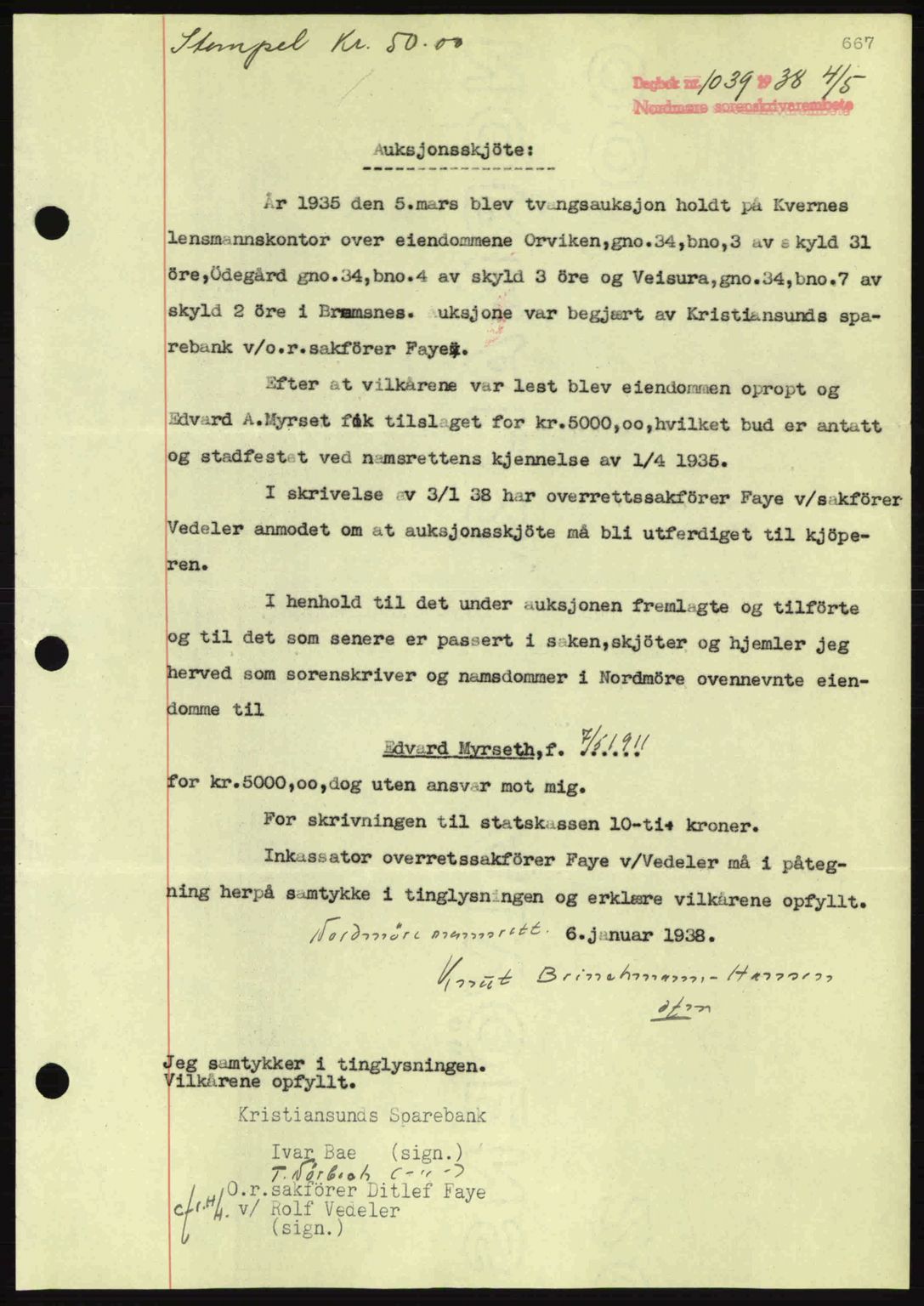 Nordmøre sorenskriveri, SAT/A-4132/1/2/2Ca: Pantebok nr. A83, 1938-1938, Dagboknr: 1039/1938