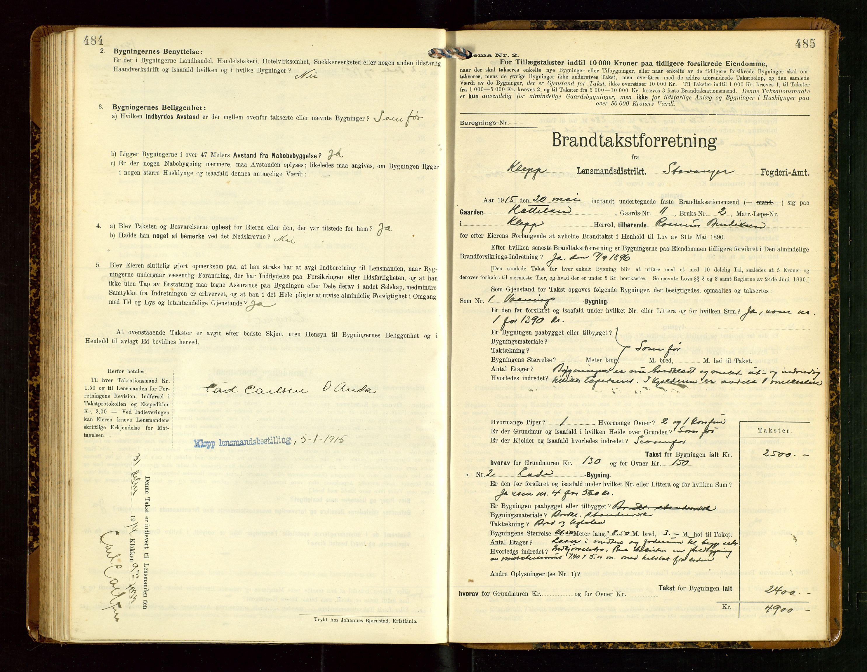 Klepp lensmannskontor, AV/SAST-A-100163/Goc/L0007: "Brandtaxationsprotokol" m/register, 1911-1915, s. 484-485