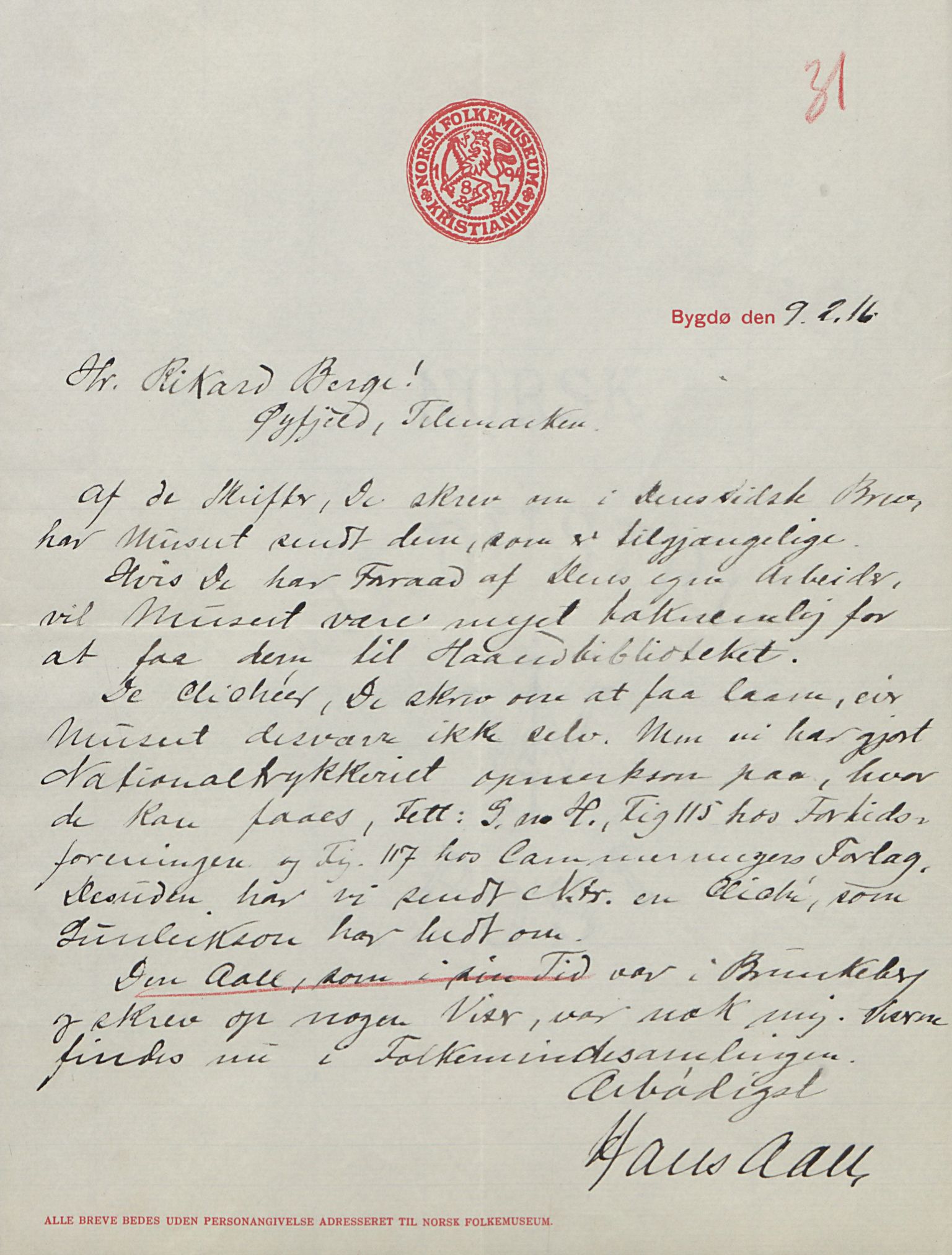 Rikard Berge, TEMU/TGM-A-1003/F/L0016/0023: 529-550 / 550 Slekt- og personalhistorie, om drikkehorn og eventuelt andre gjenstander, 1916-1926, s. 31