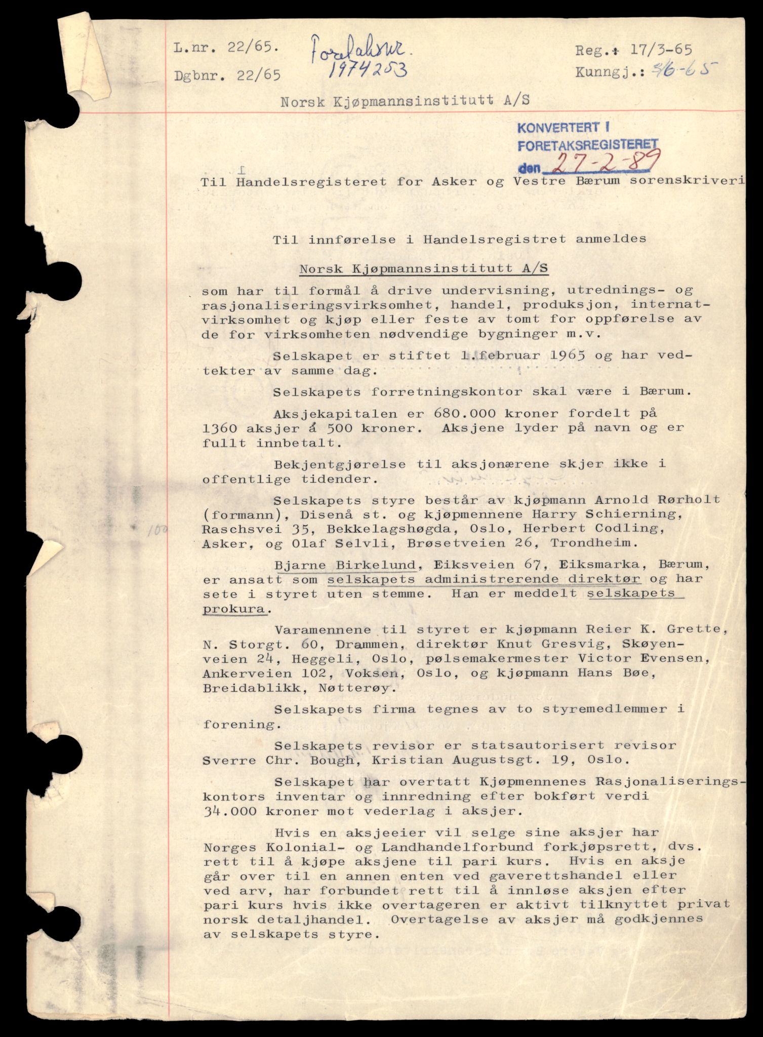 Asker og Bærum tingrett, AV/SAT-A-10379/K/Ka/Kab/L0027: Aksjeselskap i Bærum, Norsk K - Paul, 1944-1989, s. 1