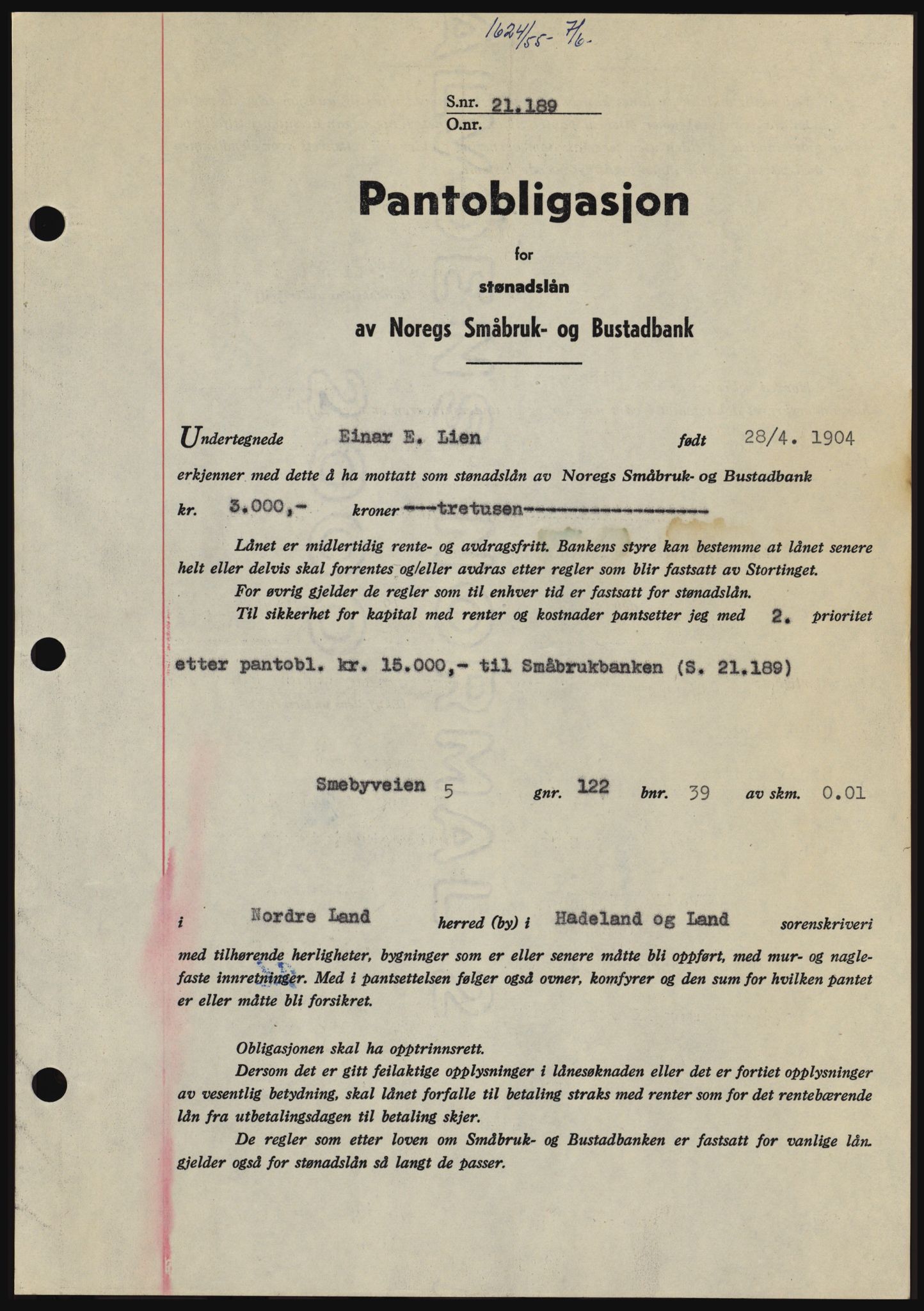 Hadeland og Land tingrett, SAH/TING-010/H/Hb/Hbc/L0032: Pantebok nr. B32, 1955-1955, Dagboknr: 1624/1955