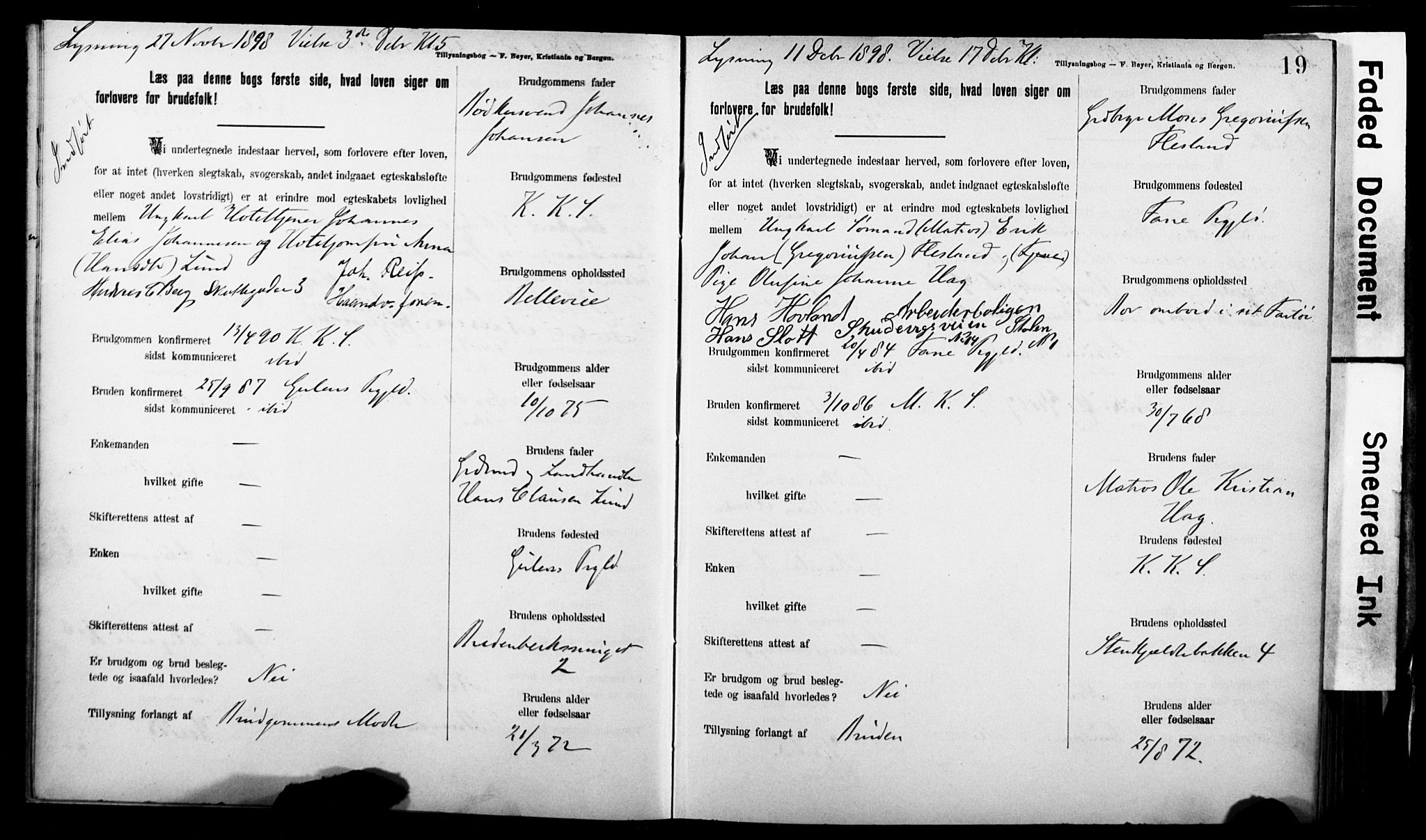 Korskirken sokneprestembete, SAB/A-76101: Forlovererklæringer nr. II.5.7, 1898-1903, s. 19