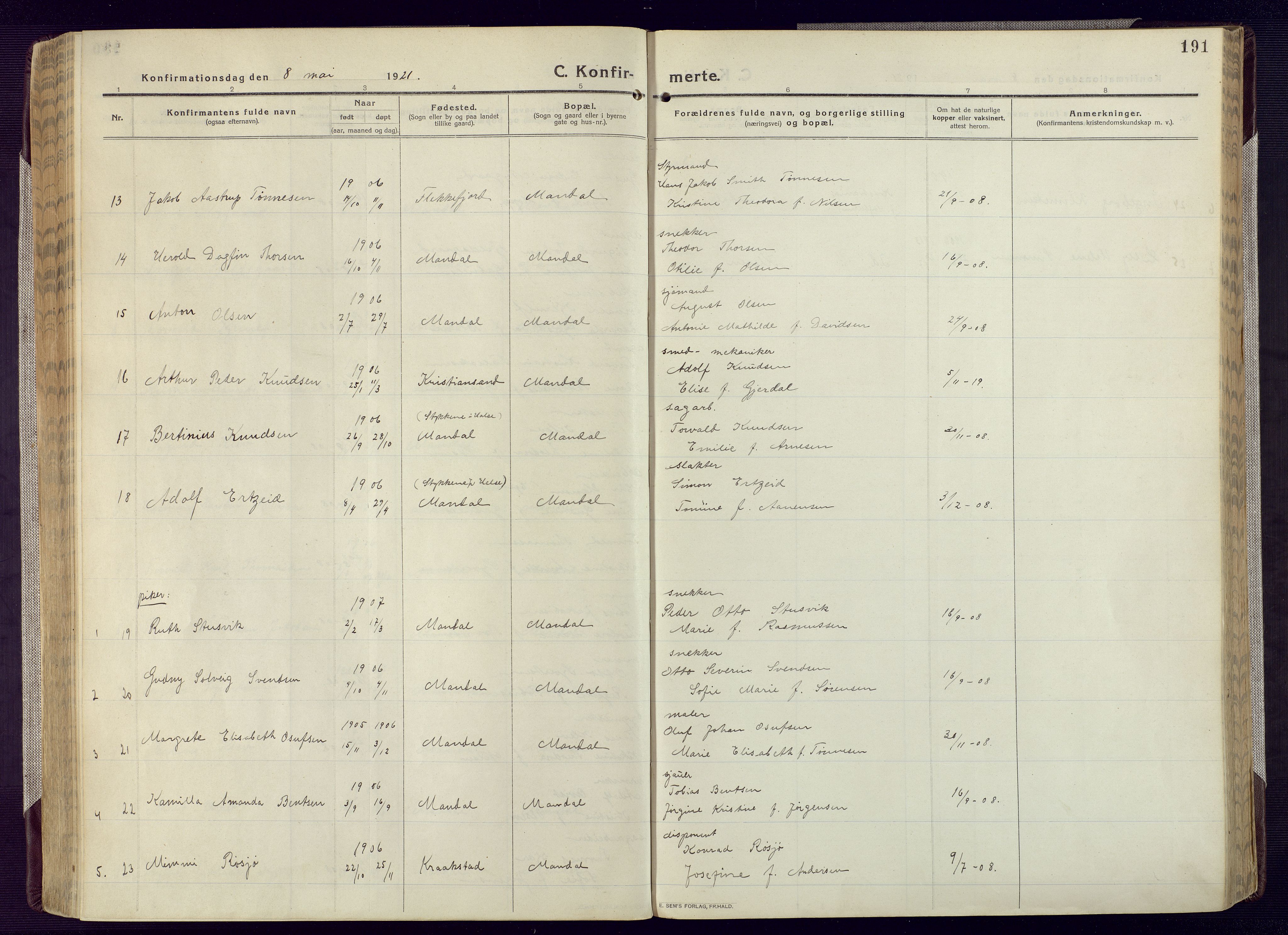 Mandal sokneprestkontor, SAK/1111-0030/F/Fa/Fac/L0001: Ministerialbok nr. A 1, 1913-1925, s. 191