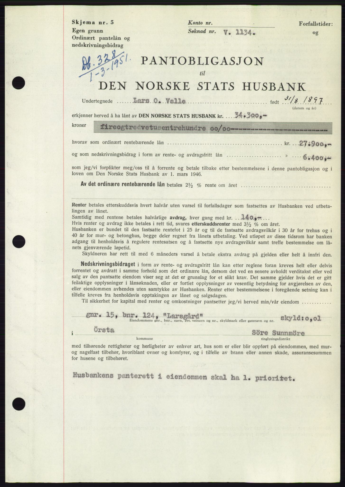 Søre Sunnmøre sorenskriveri, SAT/A-4122/1/2/2C/L0119: Pantebok nr. 7B, 1950-1951, Dagboknr: 328/1951