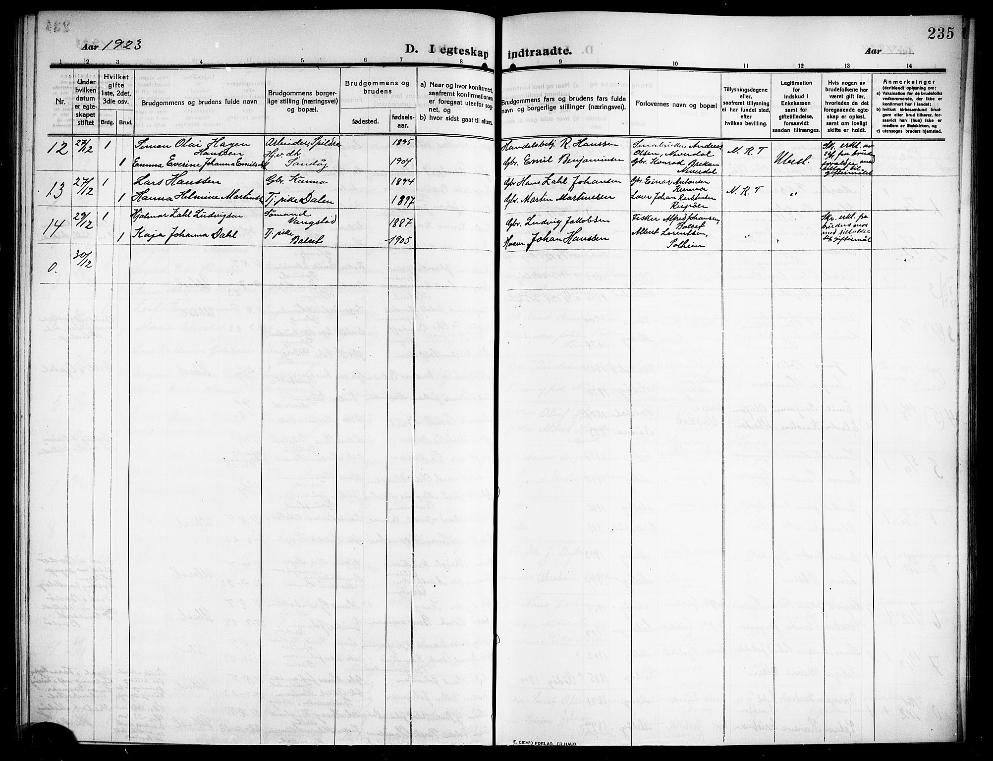 Ministerialprotokoller, klokkerbøker og fødselsregistre - Nordland, SAT/A-1459/843/L0639: Klokkerbok nr. 843C08, 1908-1924, s. 235