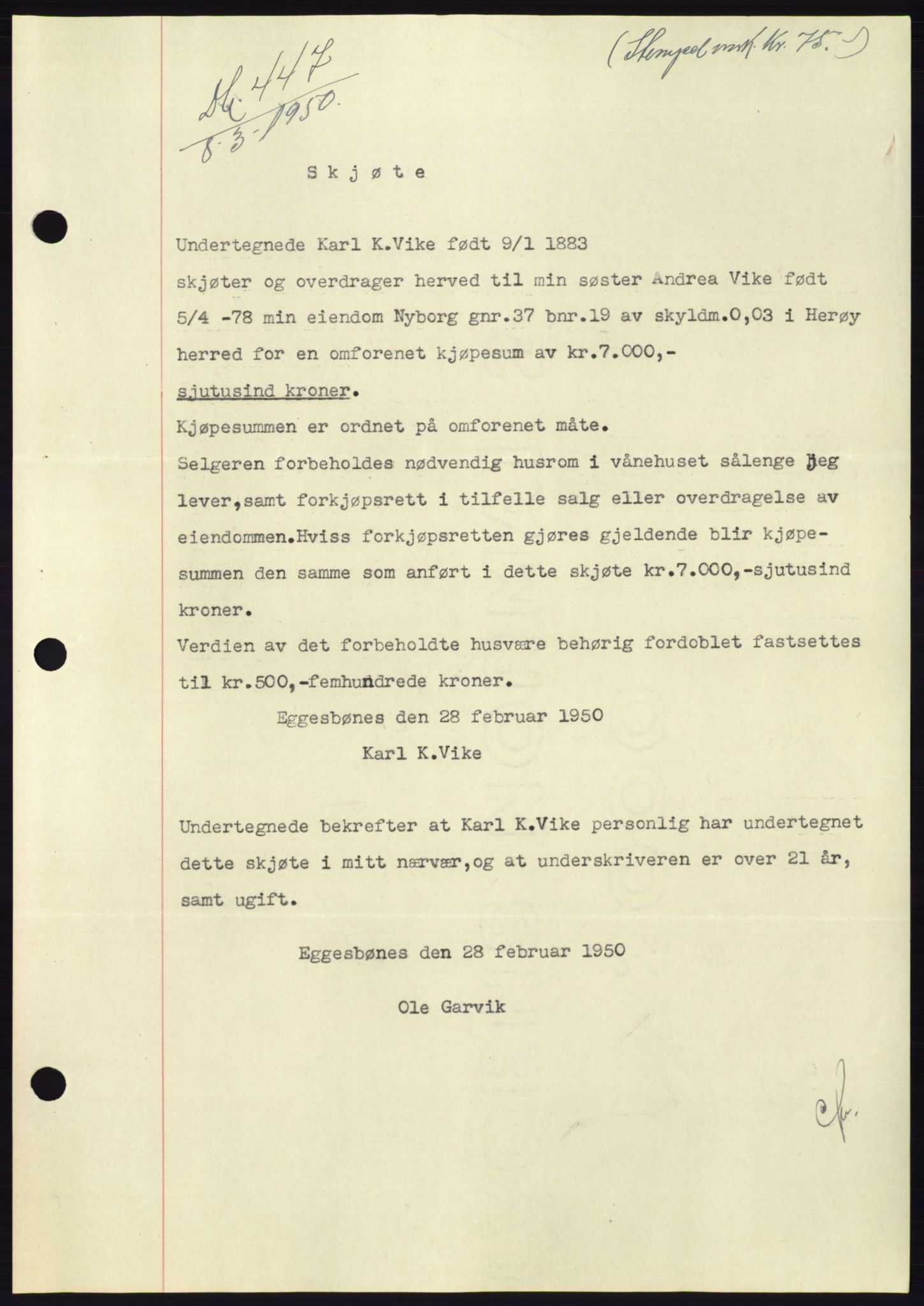 Søre Sunnmøre sorenskriveri, SAT/A-4122/1/2/2C/L0086: Pantebok nr. 12A, 1949-1950, Dagboknr: 447/1950